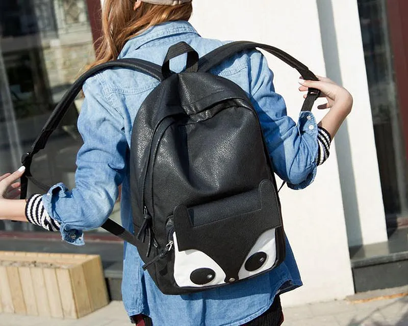 Cute Fox Cartoon PU Leather Casual Backpack - Black