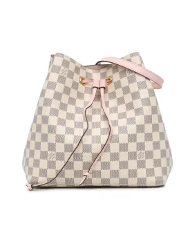 Damier Azur Canvas Bucket Bag with Leather Strap and Interior Zip Compartment