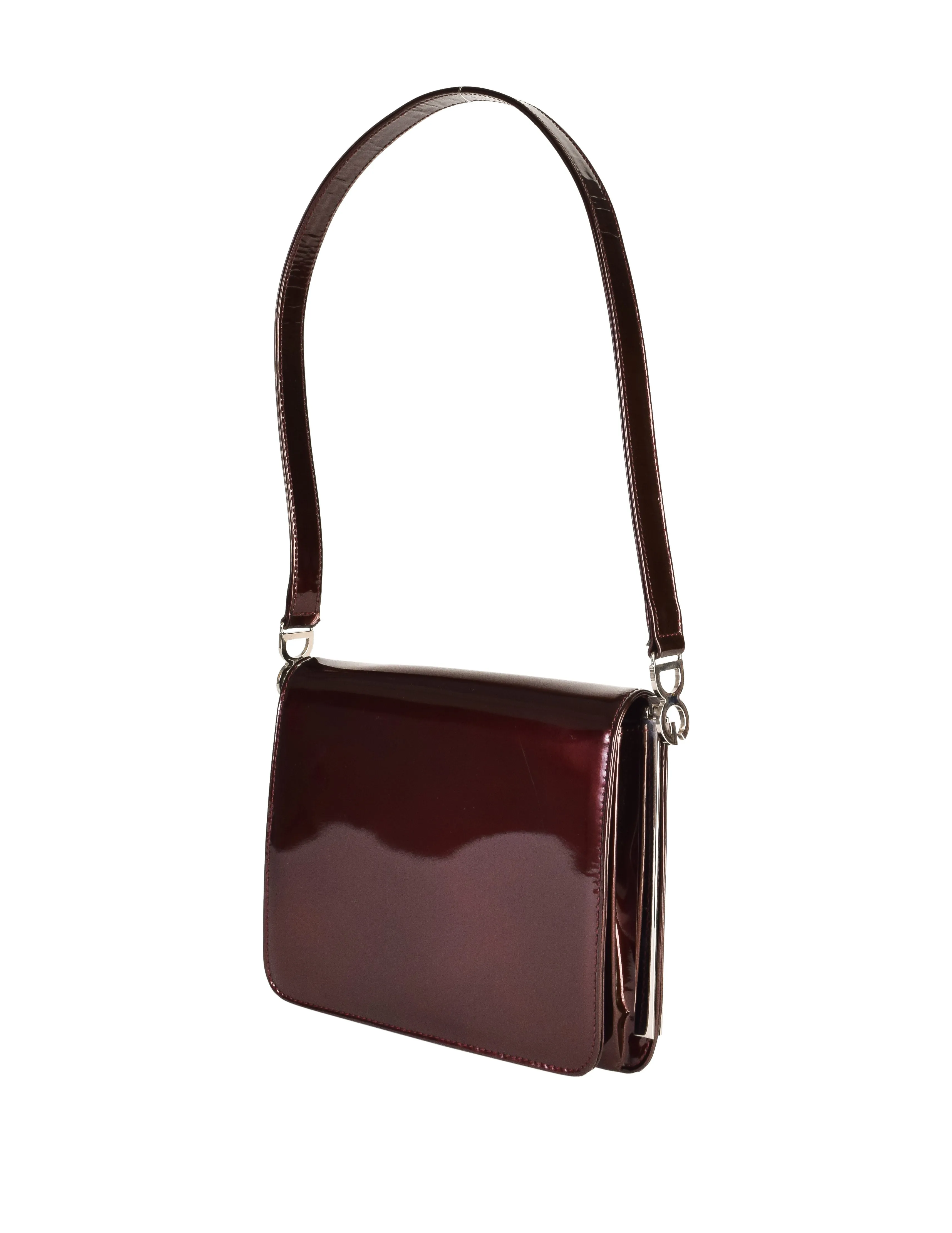 Dolce & Gabbana Vintage 1990s Burgundy Patent Leather Silver Logo Shoulder Bag