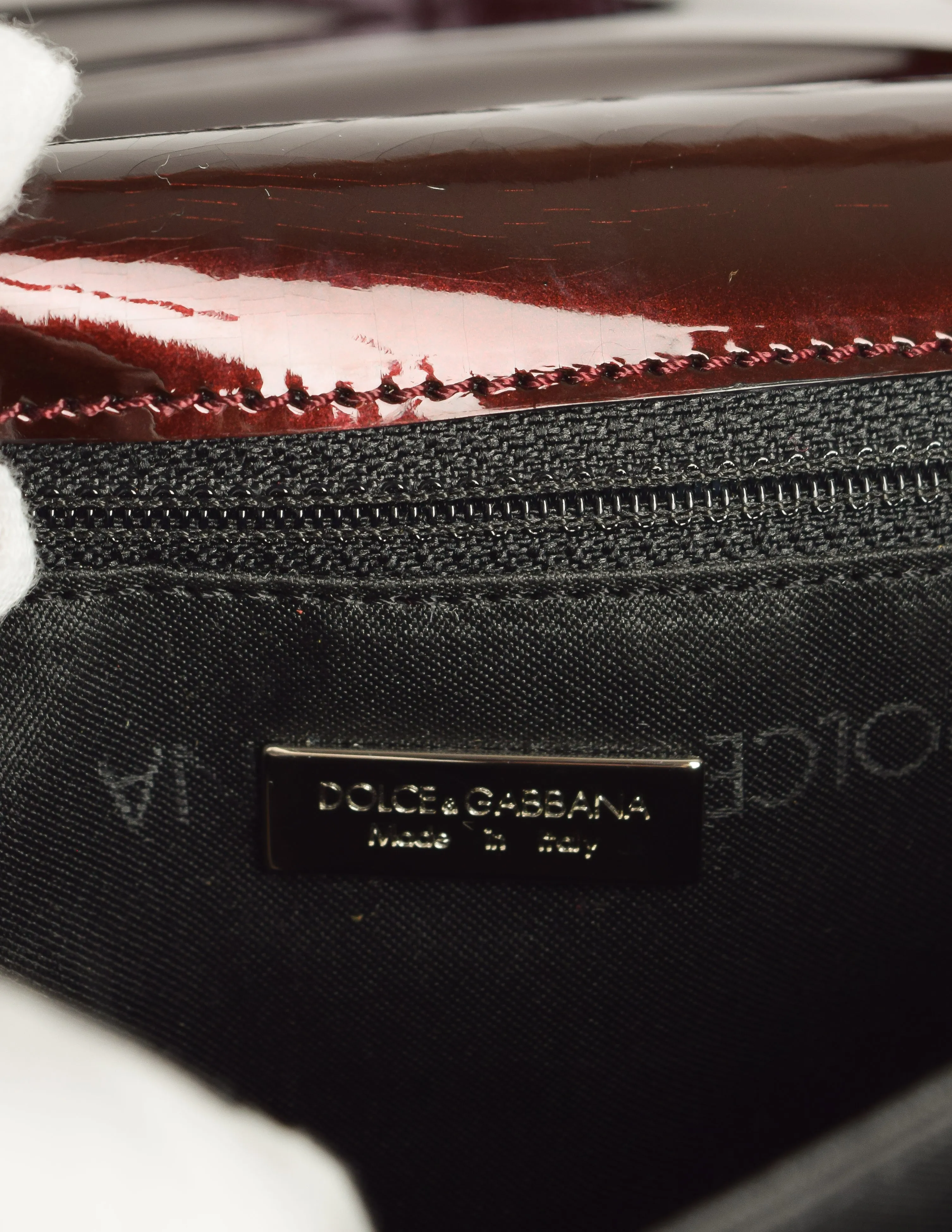 Dolce & Gabbana Vintage 1990s Burgundy Patent Leather Silver Logo Shoulder Bag