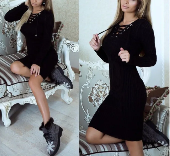 Fashion casual warm knitted bag hip midi dress