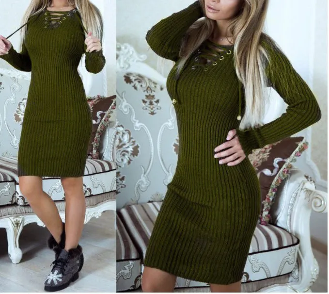 Fashion casual warm knitted bag hip midi dress