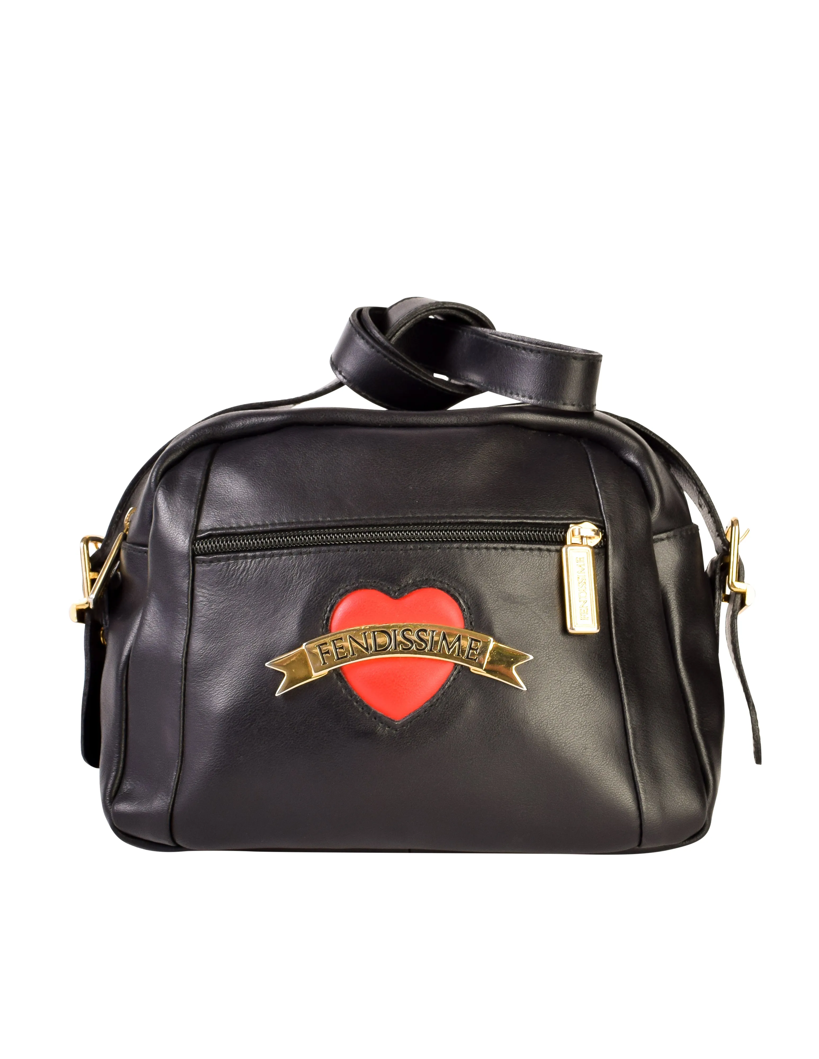 Fendissime Vintage Black Leather Tattoo Heart Crossbody Shoulder Bag