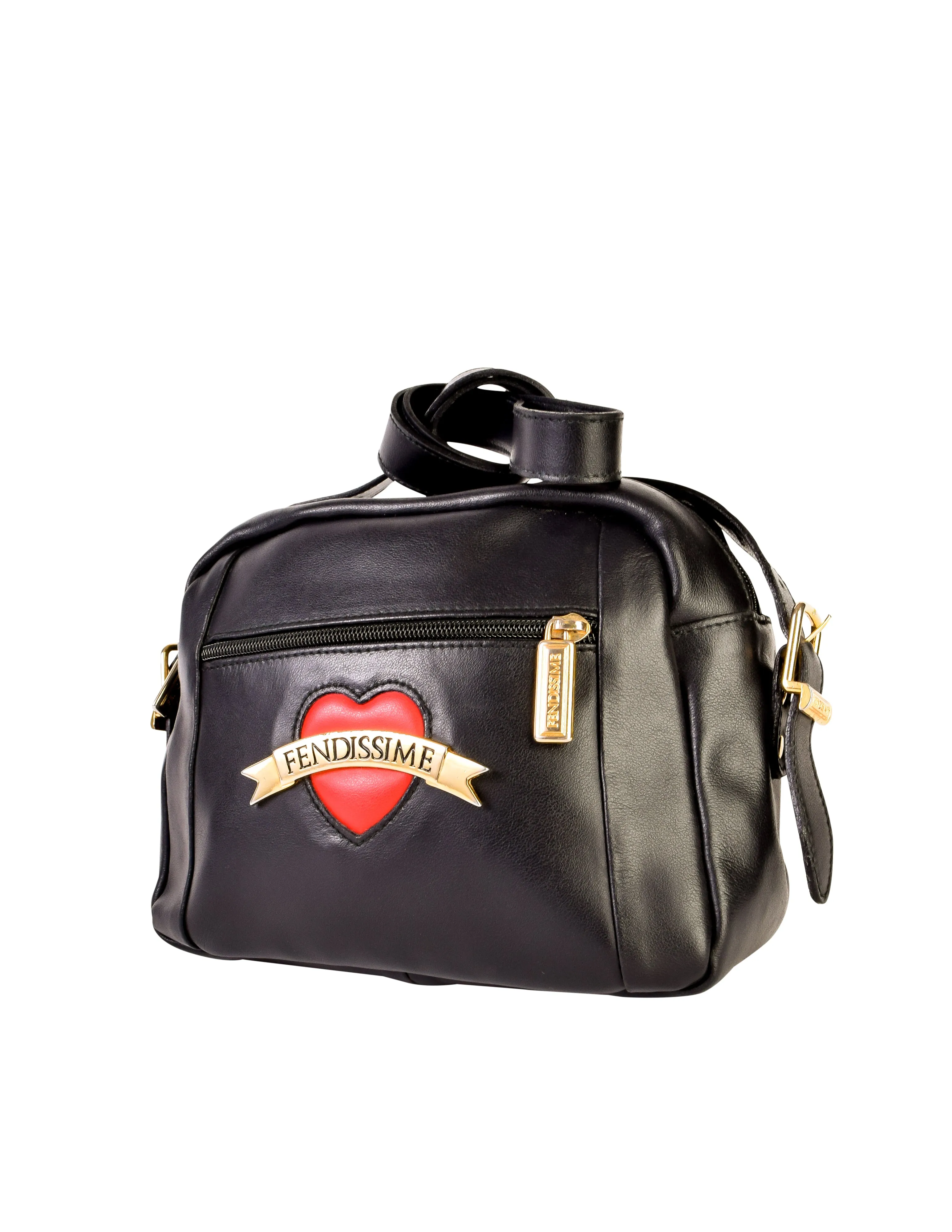 Fendissime Vintage Black Leather Tattoo Heart Crossbody Shoulder Bag