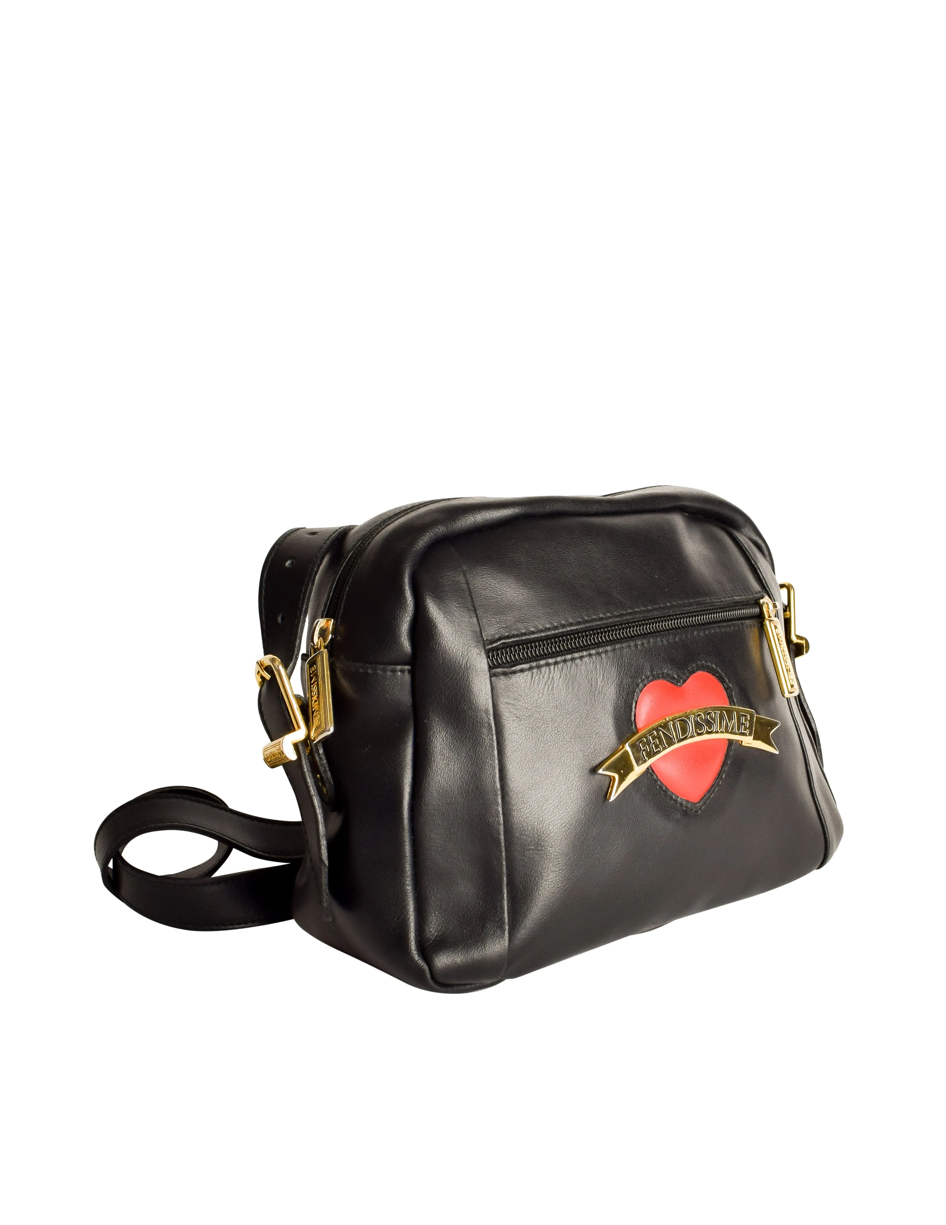 Fendissime Vintage Black Leather Tattoo Heart Crossbody Shoulder Bag