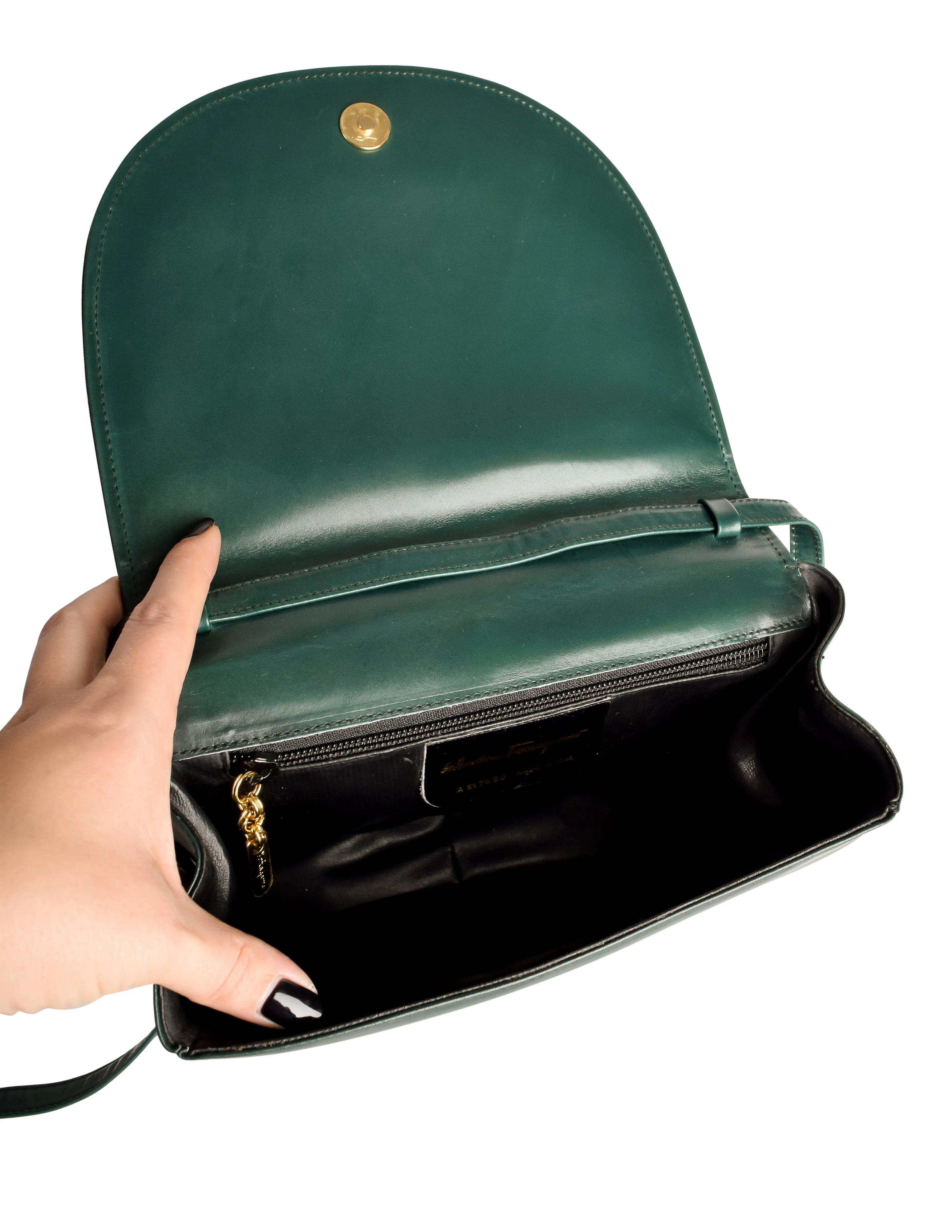 Ferragamo Vintage Vara Bow Logo Forest Green Leather Crossbody Bag