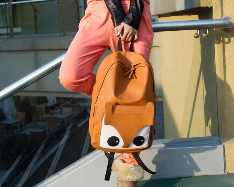 Fox Cartoon PU Leather Casual Backpack - Coffee