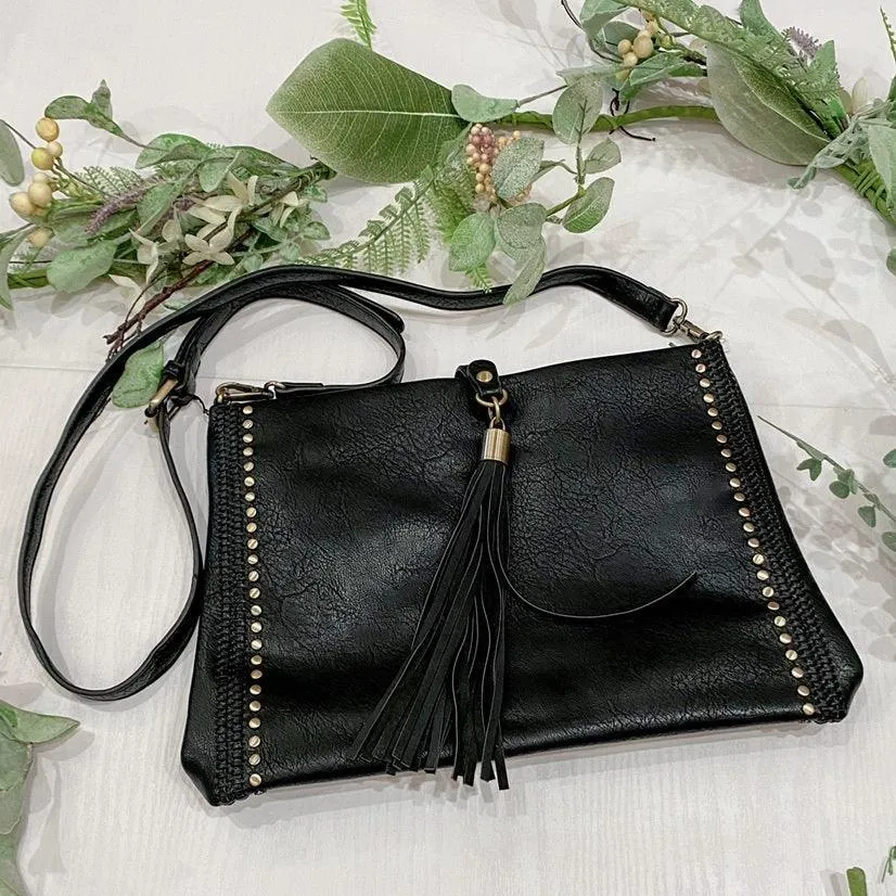 Georgina Crossbody w/ Grommet Details and Tassel - Black