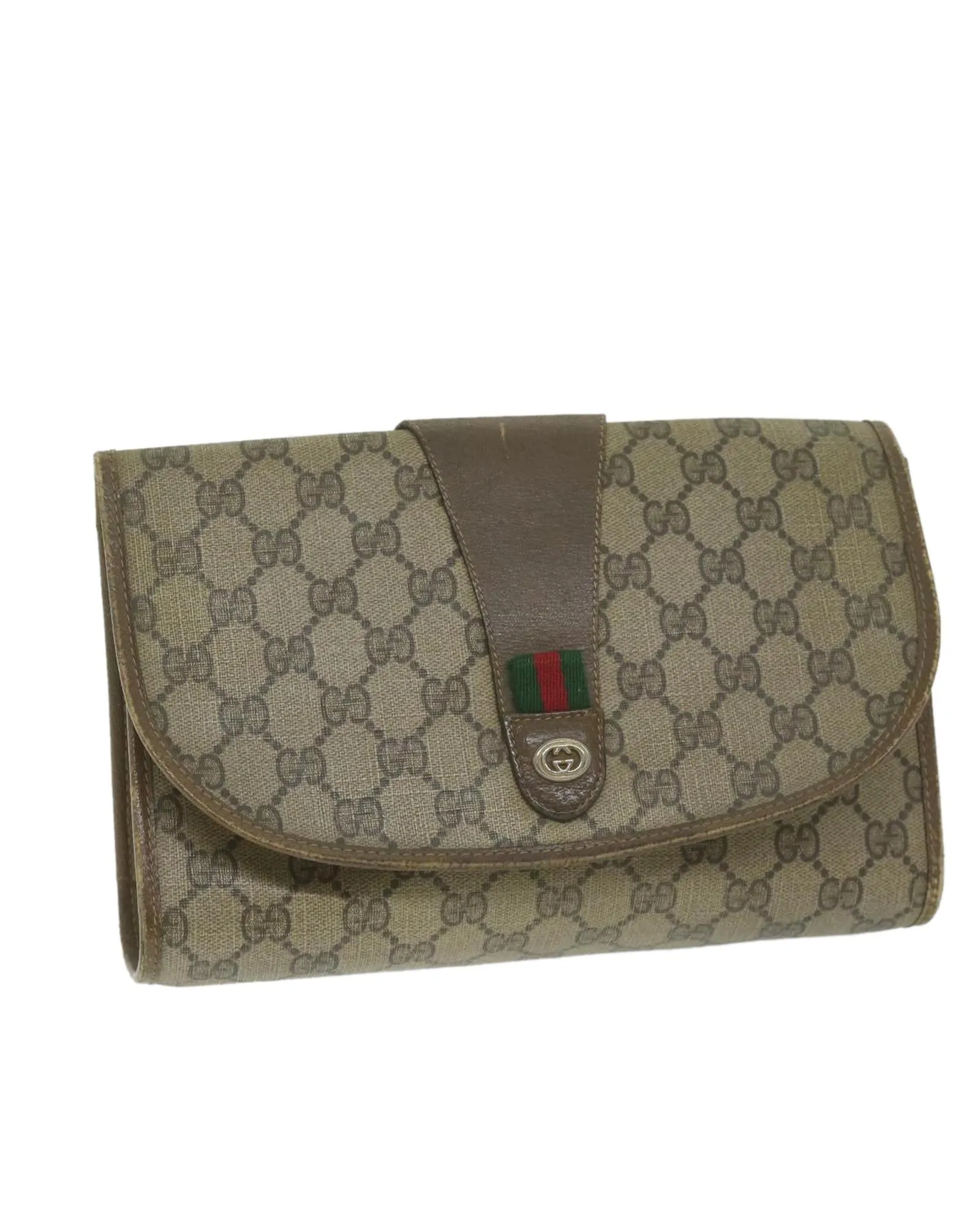 GG Supreme Clutch Bag with Web Sherry Line in Beige Red and Green