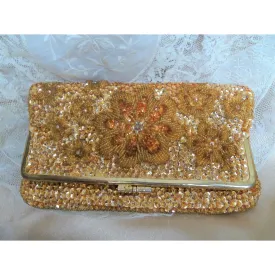 GORGEOUS Vintage Hand Beaded Evening Purse, Golden Glass and Sequined Fold Over Clutch Hand Bag, Elegant Design, Collectible Vintage Purses