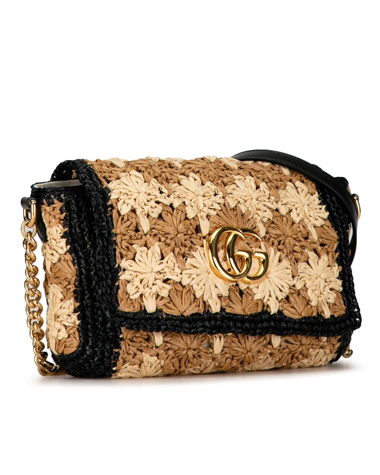 Gucci GG Marmont 20 Small Straw Crossbody Bag BeigeBlack