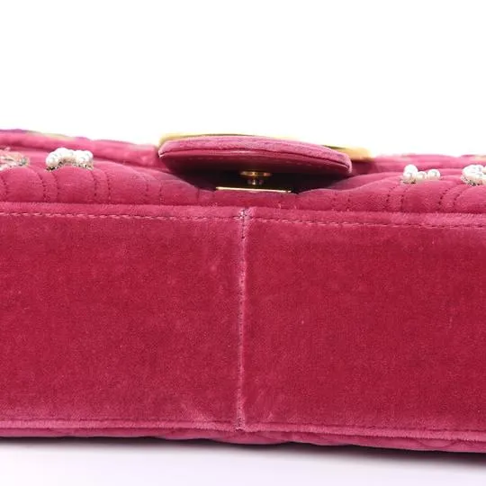 Gucci Marmont Embroidered Blind For Love Pink Velvet Cross Body Bag