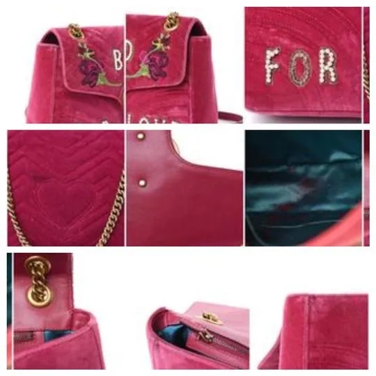 Gucci Marmont Embroidered Blind For Love Pink Velvet Cross Body Bag