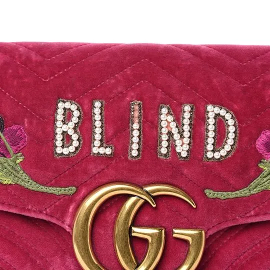 Gucci Marmont Embroidered Blind For Love Pink Velvet Cross Body Bag