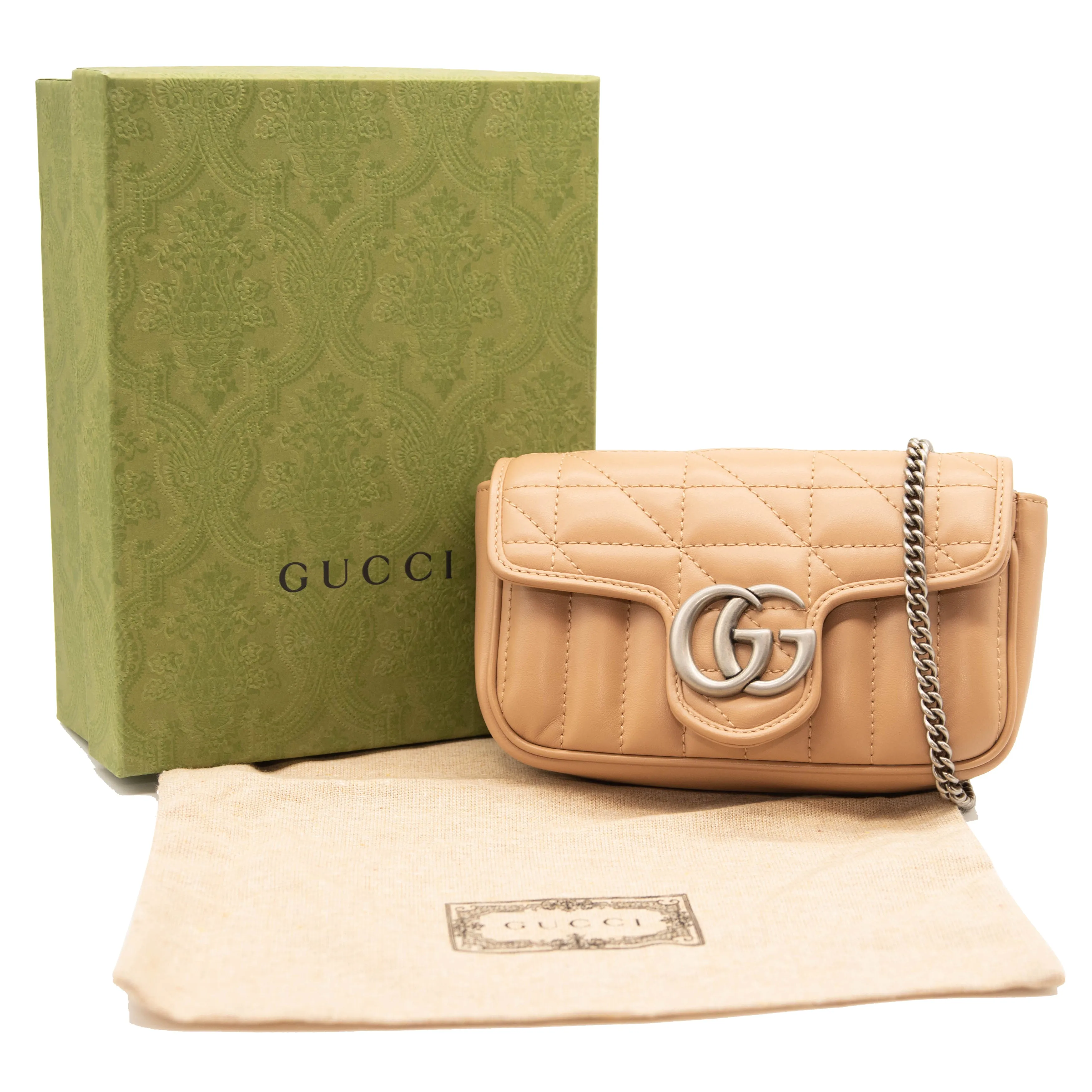 GUCCI MARMONT  GG SUPER MINI ROSE BEIGE MATELASSE LEATHER SHOULDER BAG