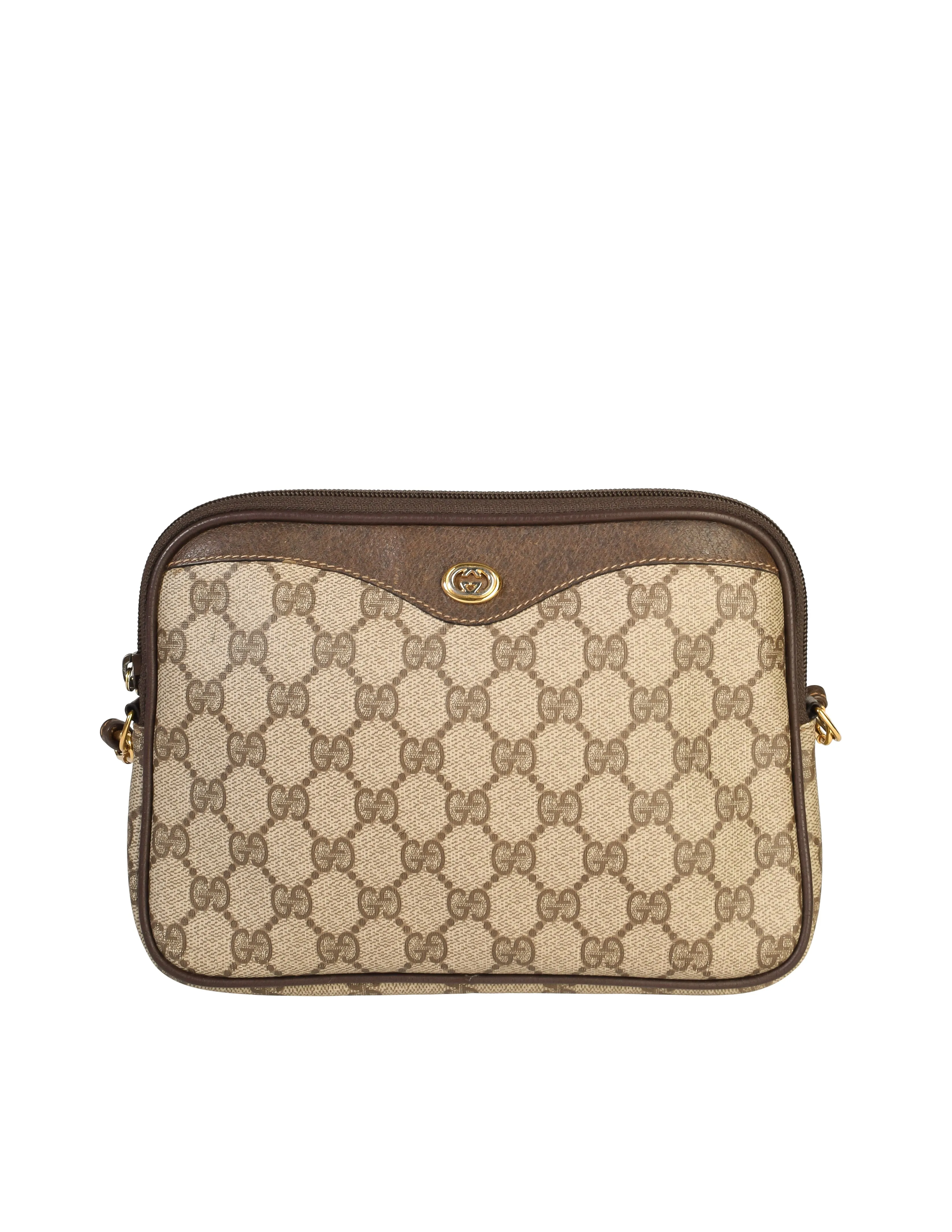 Gucci Vintage Brown GG Logo Monogram Coated Canvas Leather Crossbody Bag