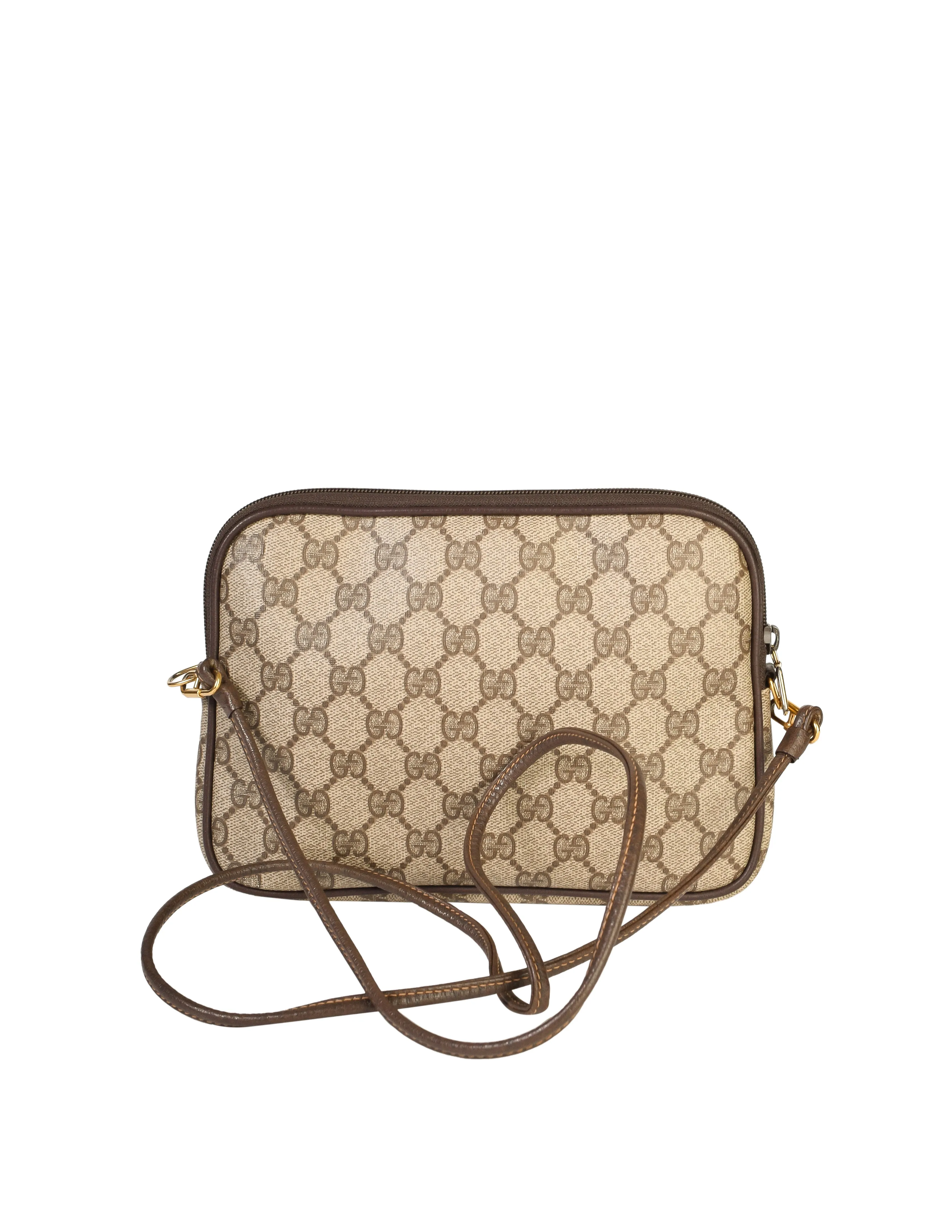 Gucci Vintage Brown GG Logo Monogram Coated Canvas Leather Crossbody Bag