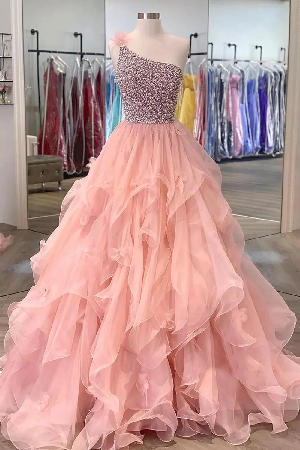 kamahe Pink Prom Dress A Line One Shoulder Long Party Evening Dress with Beading Ruffles