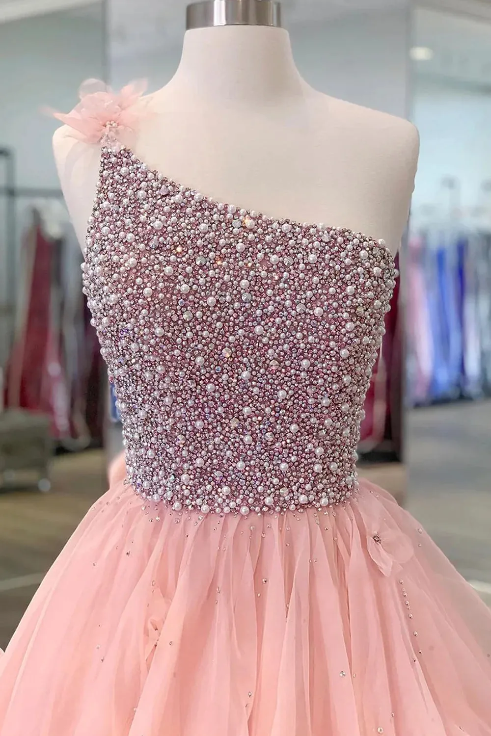 kamahe Pink Prom Dress A Line One Shoulder Long Party Evening Dress with Beading Ruffles