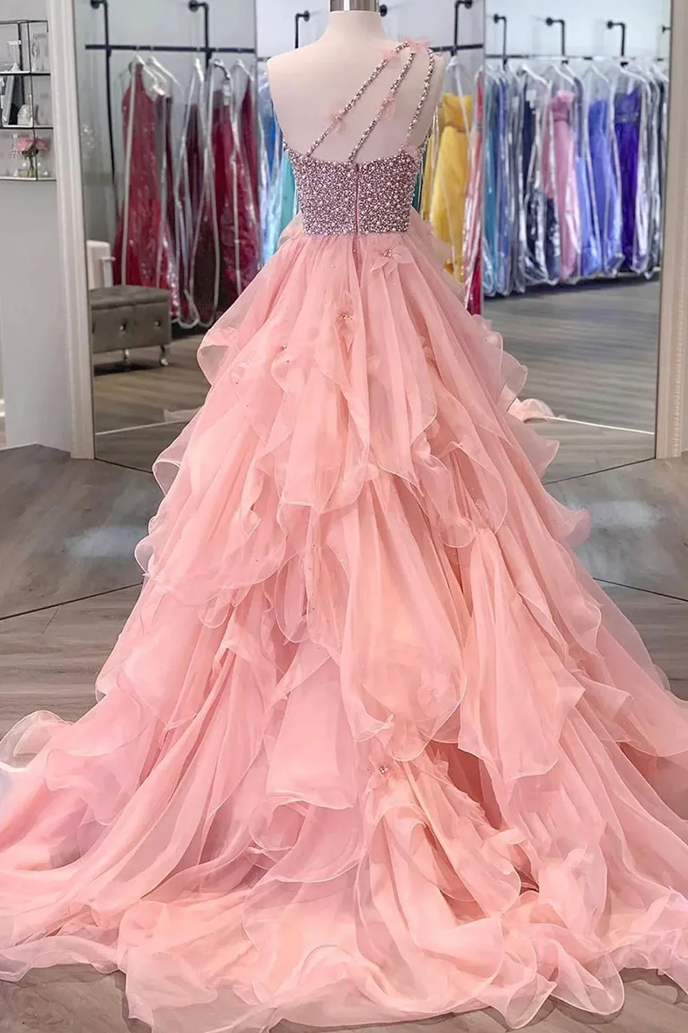 kamahe Pink Prom Dress A Line One Shoulder Long Party Evening Dress with Beading Ruffles