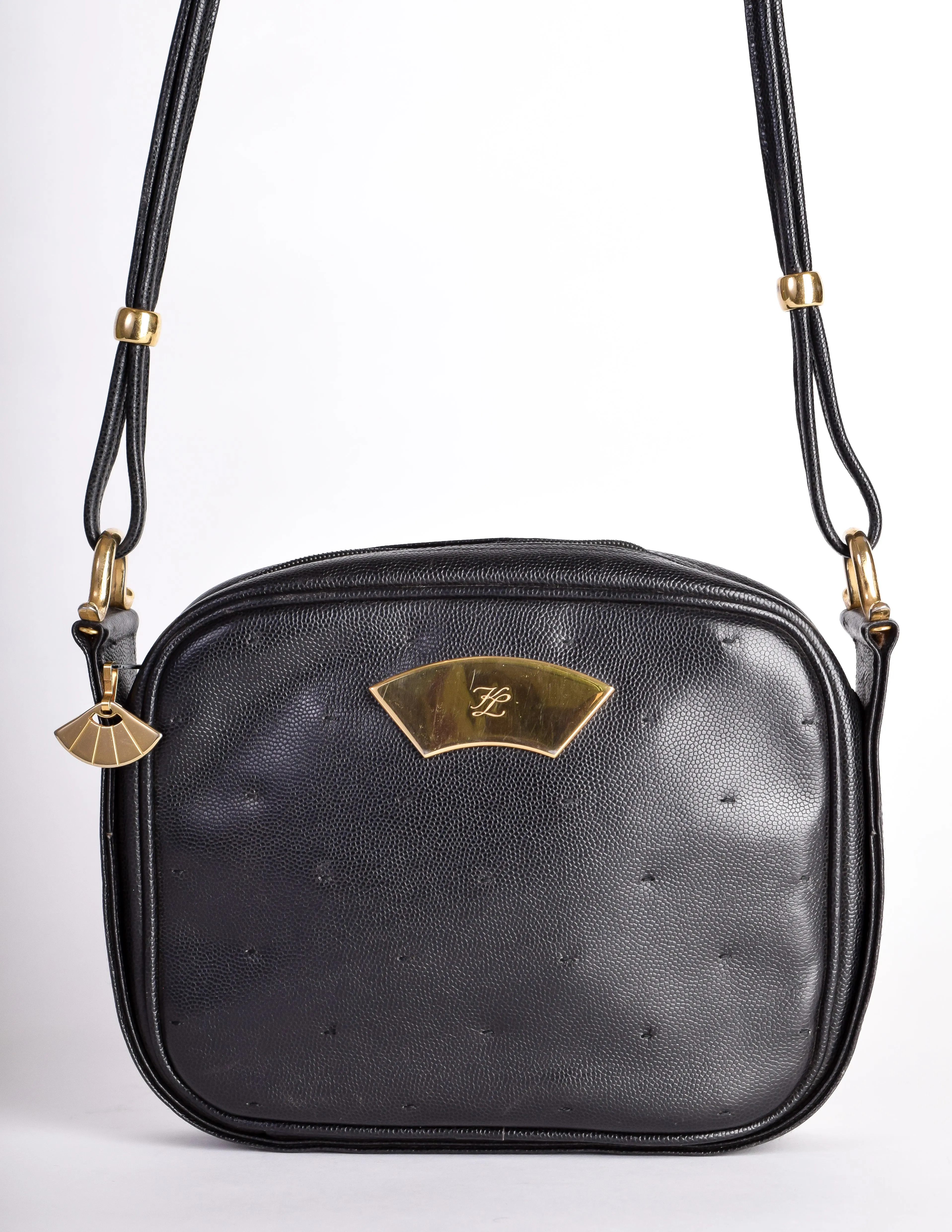 Karl Lagerfeld Vintage Black Leather Gold Logo Shoulder Bag