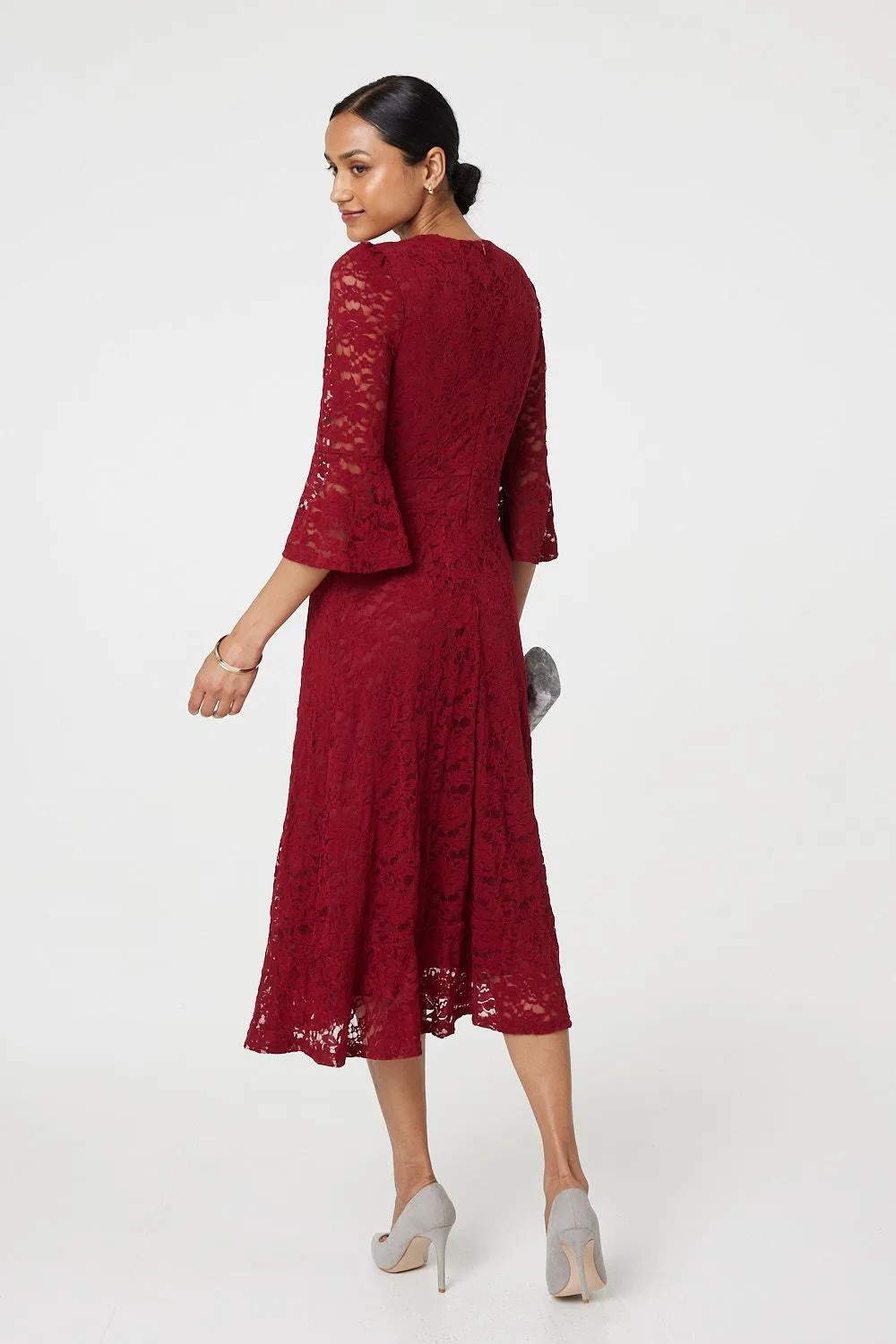 Lace Semi Sheer 3/4 Flute Sleeve Midi Dress