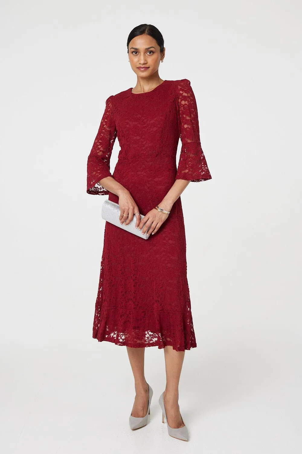 Lace Semi Sheer 3/4 Flute Sleeve Midi Dress