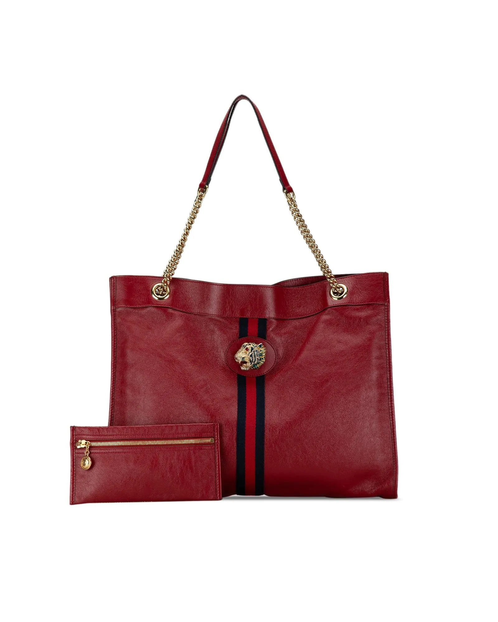 Leather Tote Bag with Gold-Tone Tiger Head Detail