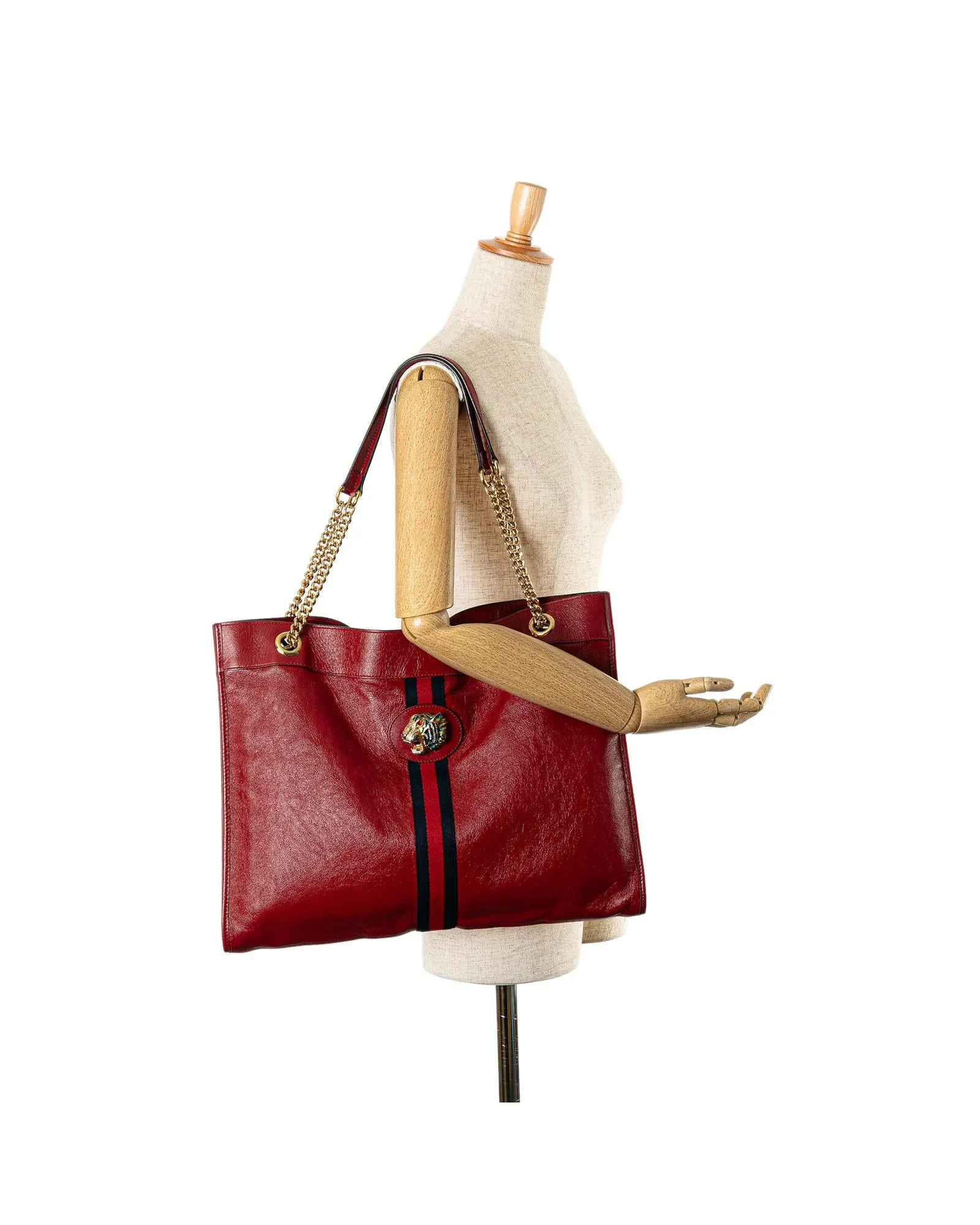 Leather Tote Bag with Gold-Tone Tiger Head Detail