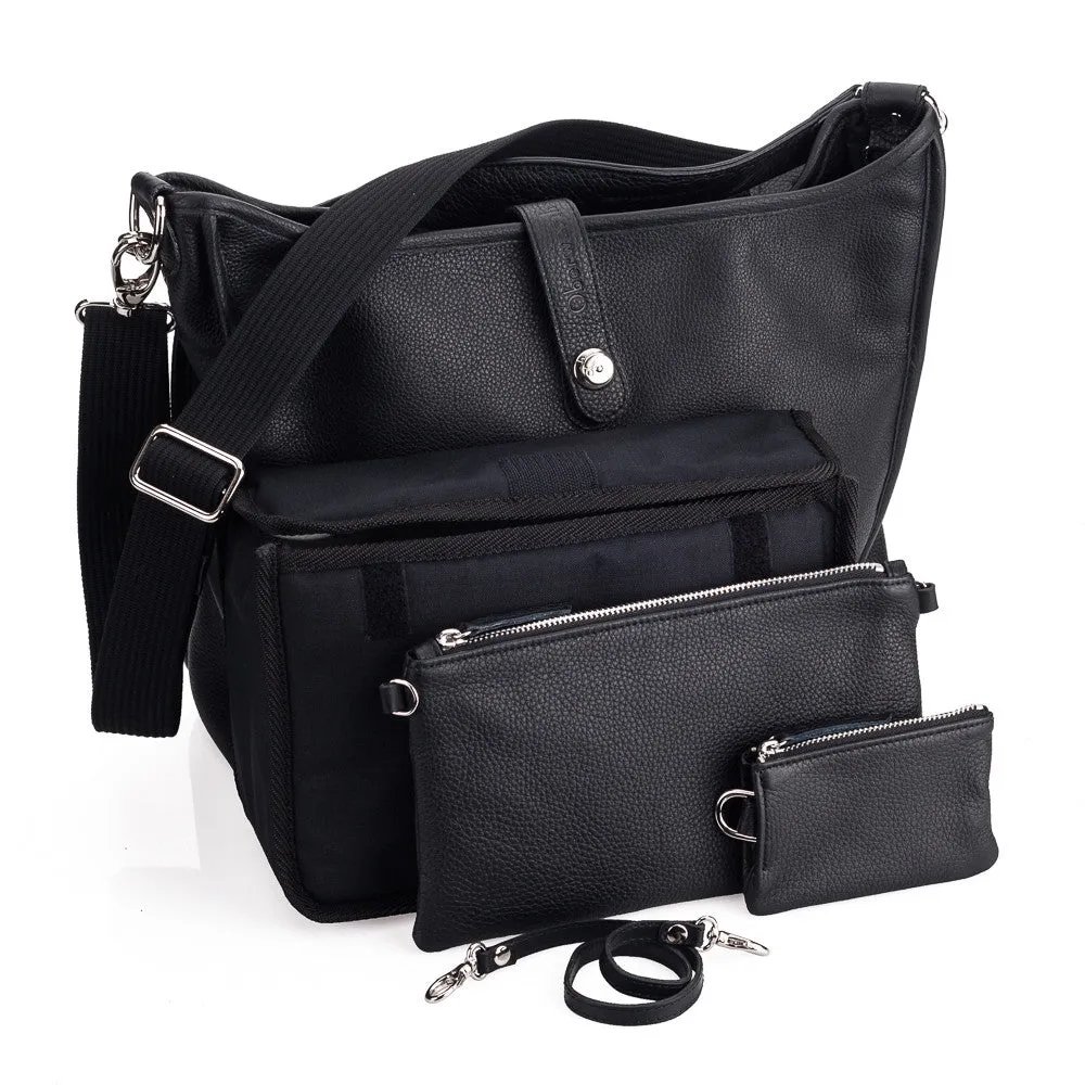 Oberwerth Kate Camera/Business Bag, Black Leather with Silver Buckles, Clutch and Keywallet