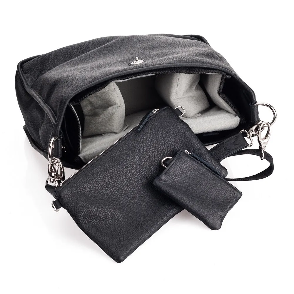 Oberwerth Kate Camera/Business Bag, Black Leather with Silver Buckles, Clutch and Keywallet