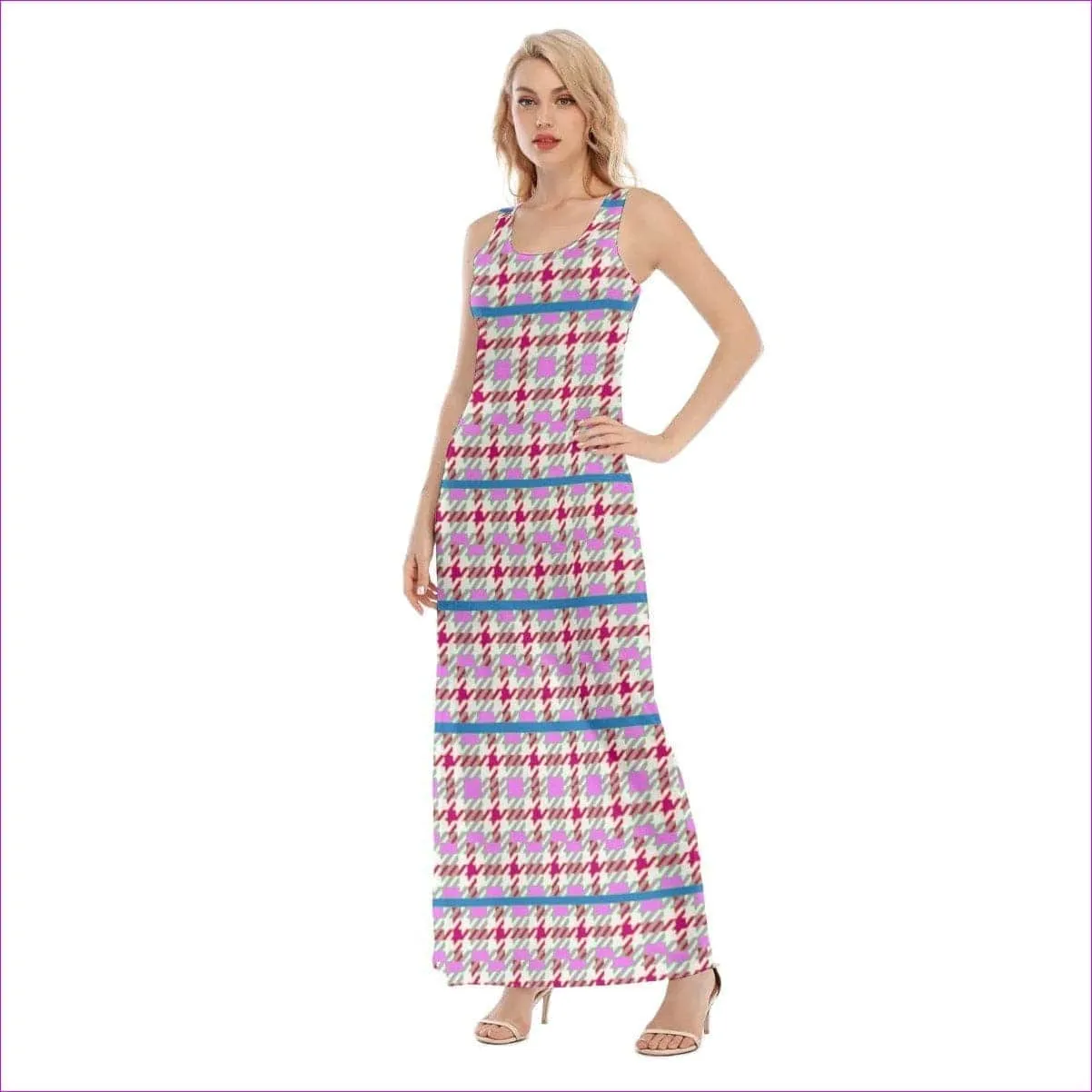 Pink Houndstooth Womens Vest Maxi Dress