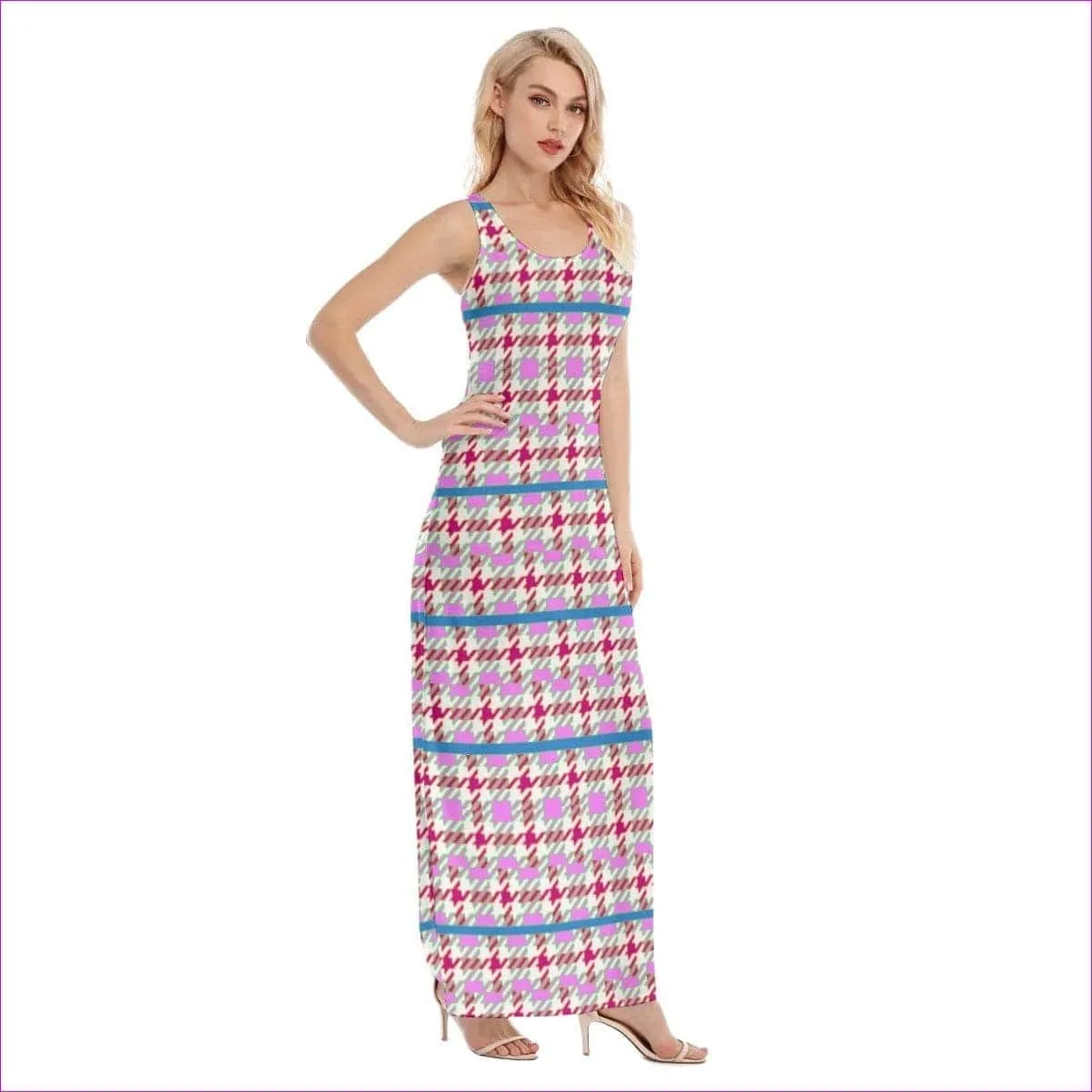 Pink Houndstooth Womens Vest Maxi Dress