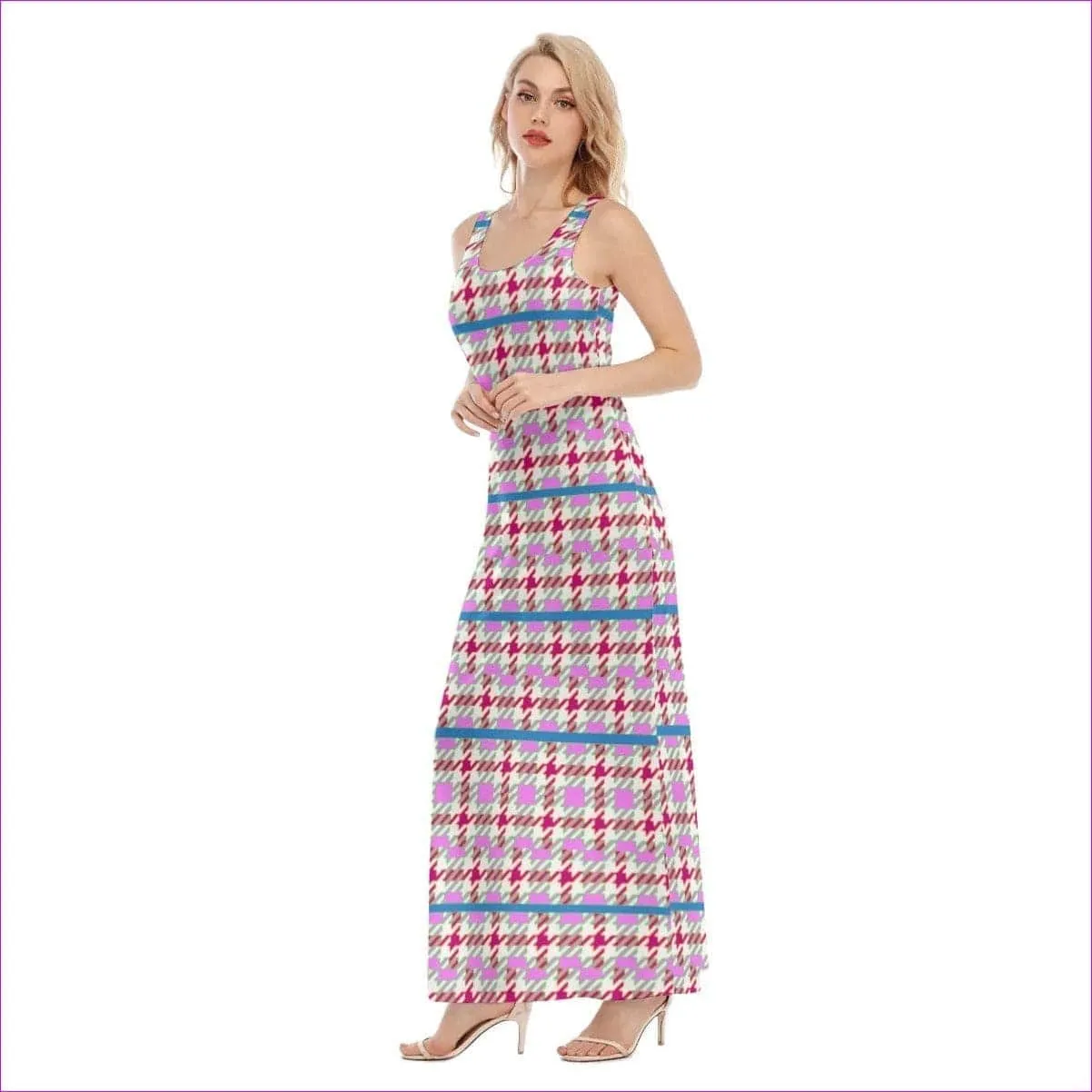 Pink Houndstooth Womens Vest Maxi Dress