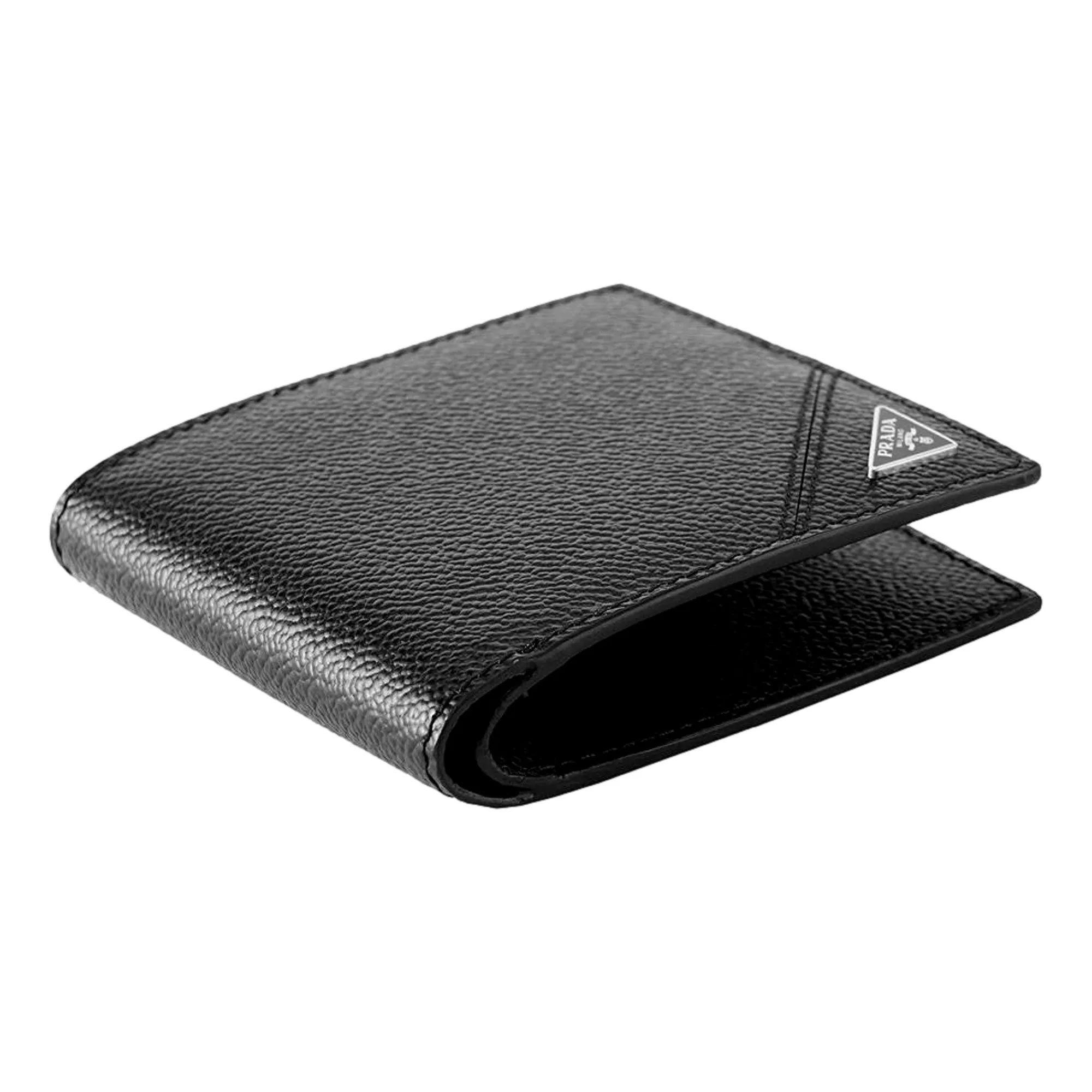 Prada Mens Vitello Micro Grain Black Leather Triangle Logo Bifold Wallet