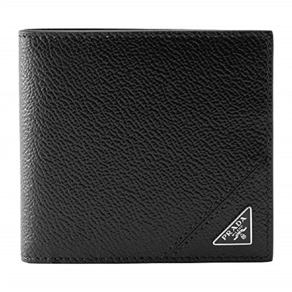 Prada Mens Vitello Micro Grain Black Leather Triangle Logo Bifold Wallet