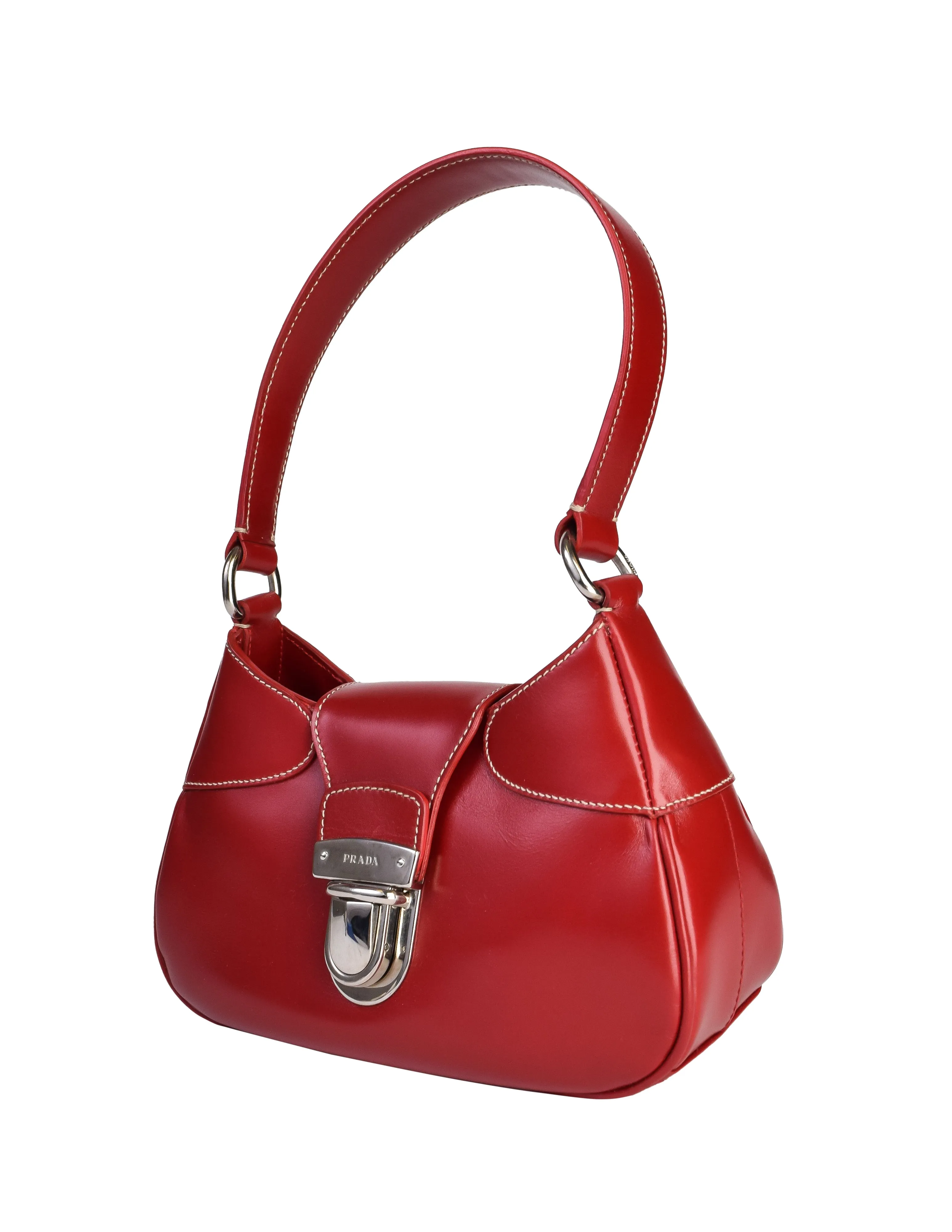 Prada Vintage Red Leather Silver Push Lock Top Handle Mini Bag