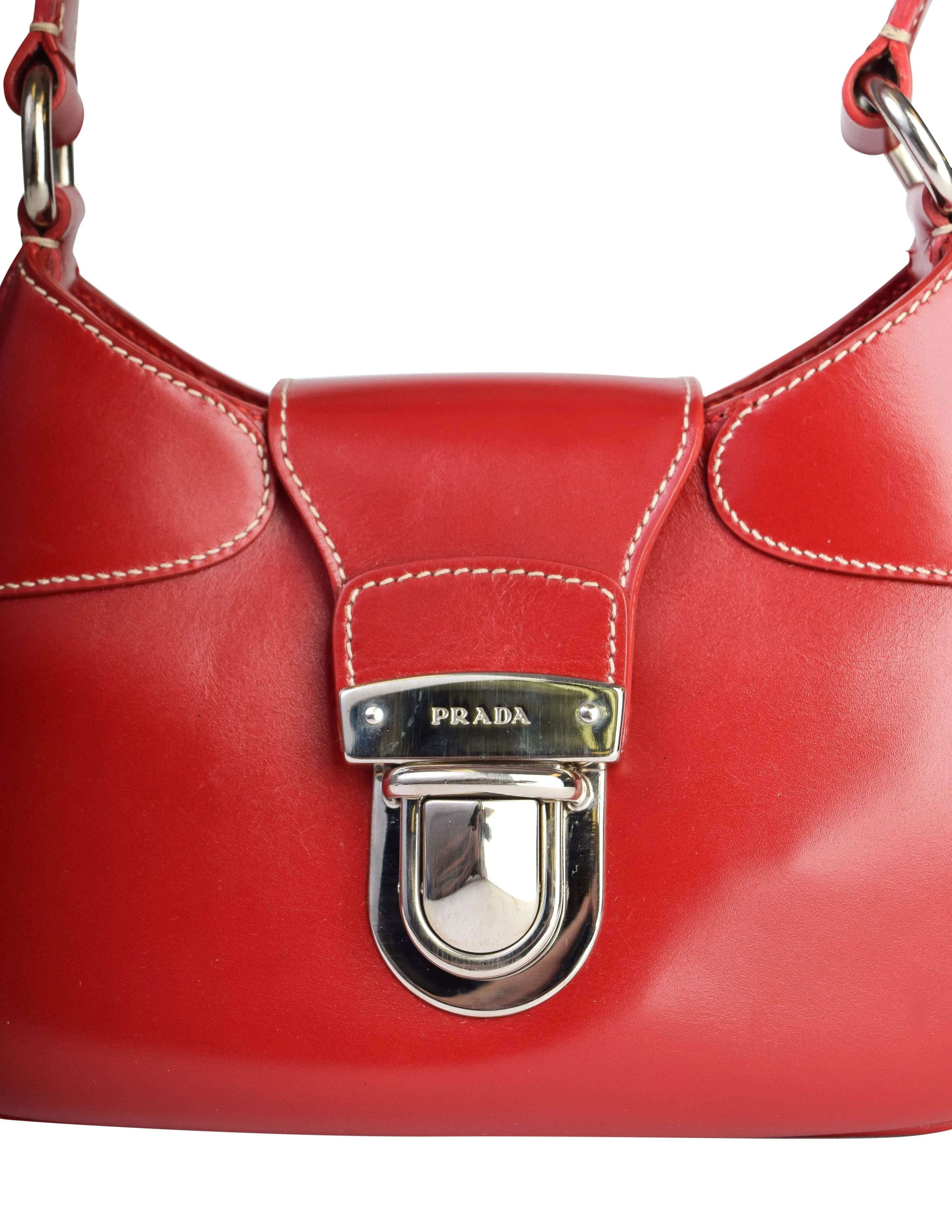 Prada Vintage Red Leather Silver Push Lock Top Handle Mini Bag