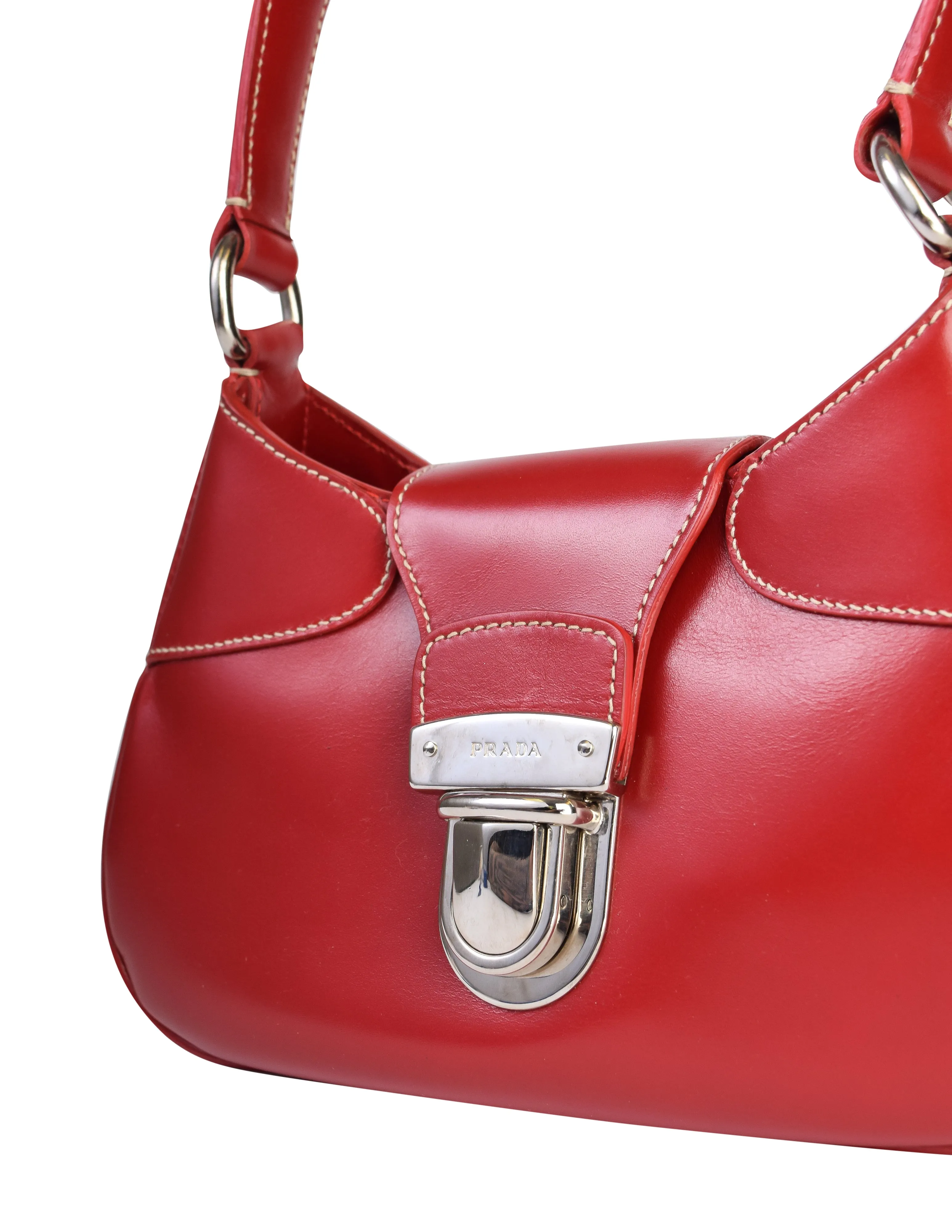 Prada Vintage Red Leather Silver Push Lock Top Handle Mini Bag