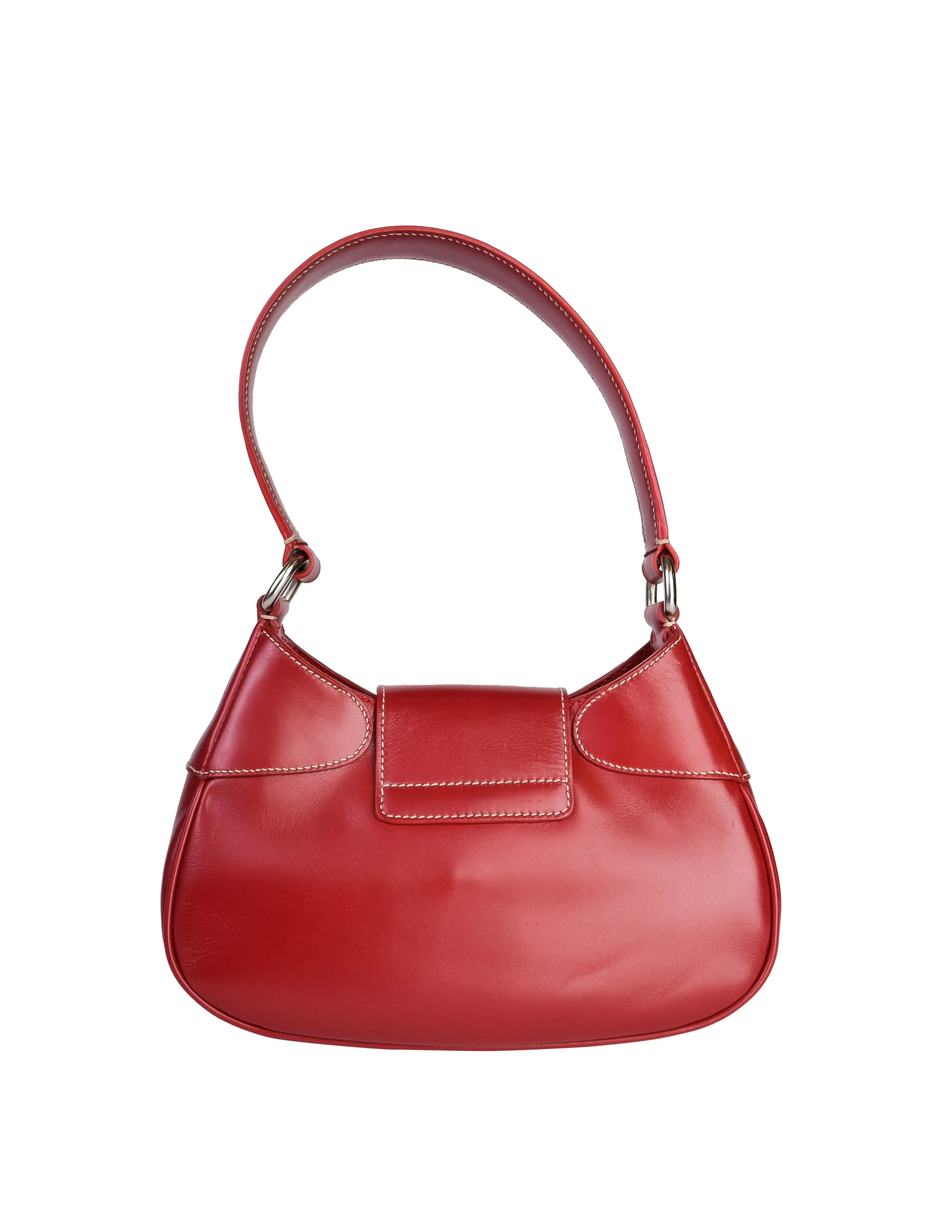 Prada Vintage Red Leather Silver Push Lock Top Handle Mini Bag