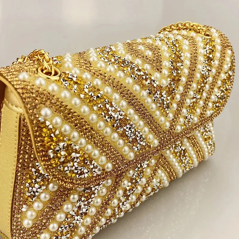 Pre Order:  Water Diamond Pearl Inlaid Chain Handheld Bag