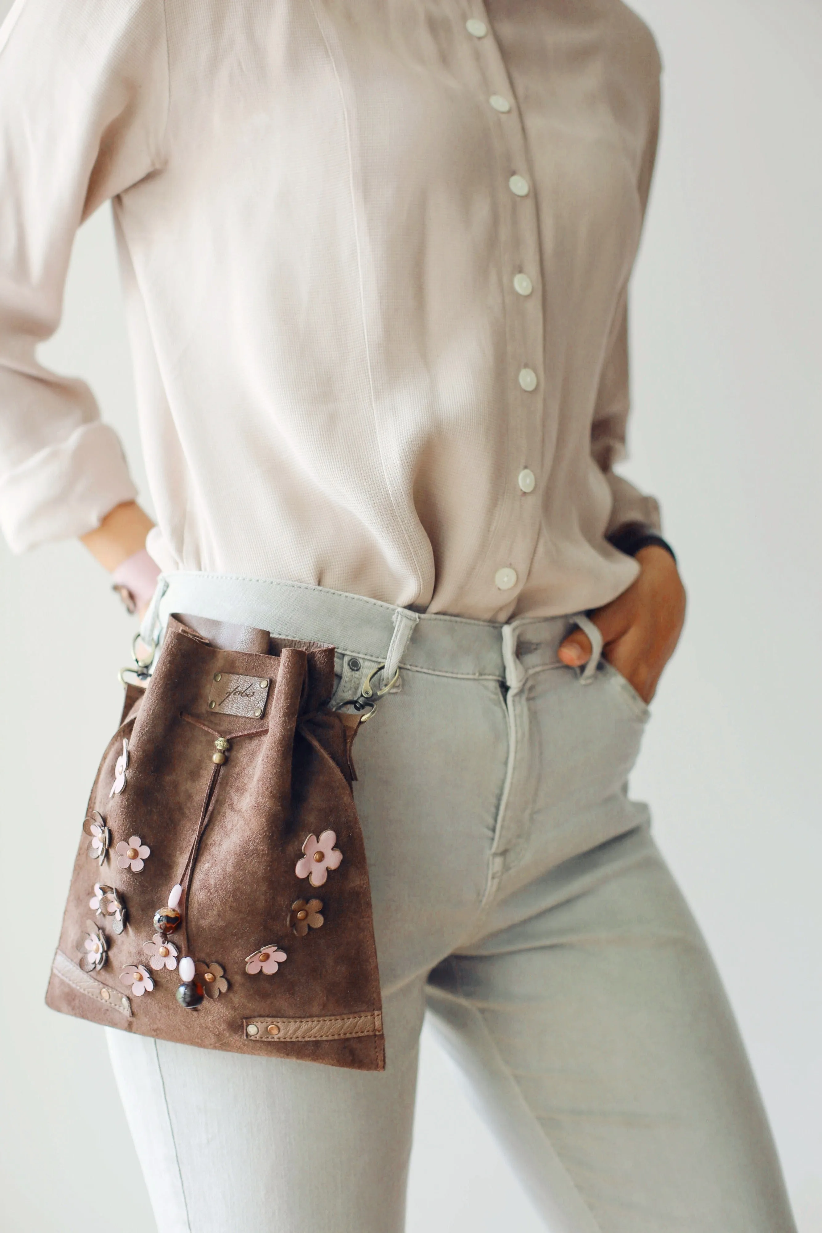 Taupe Floral Suede Pouch Bag