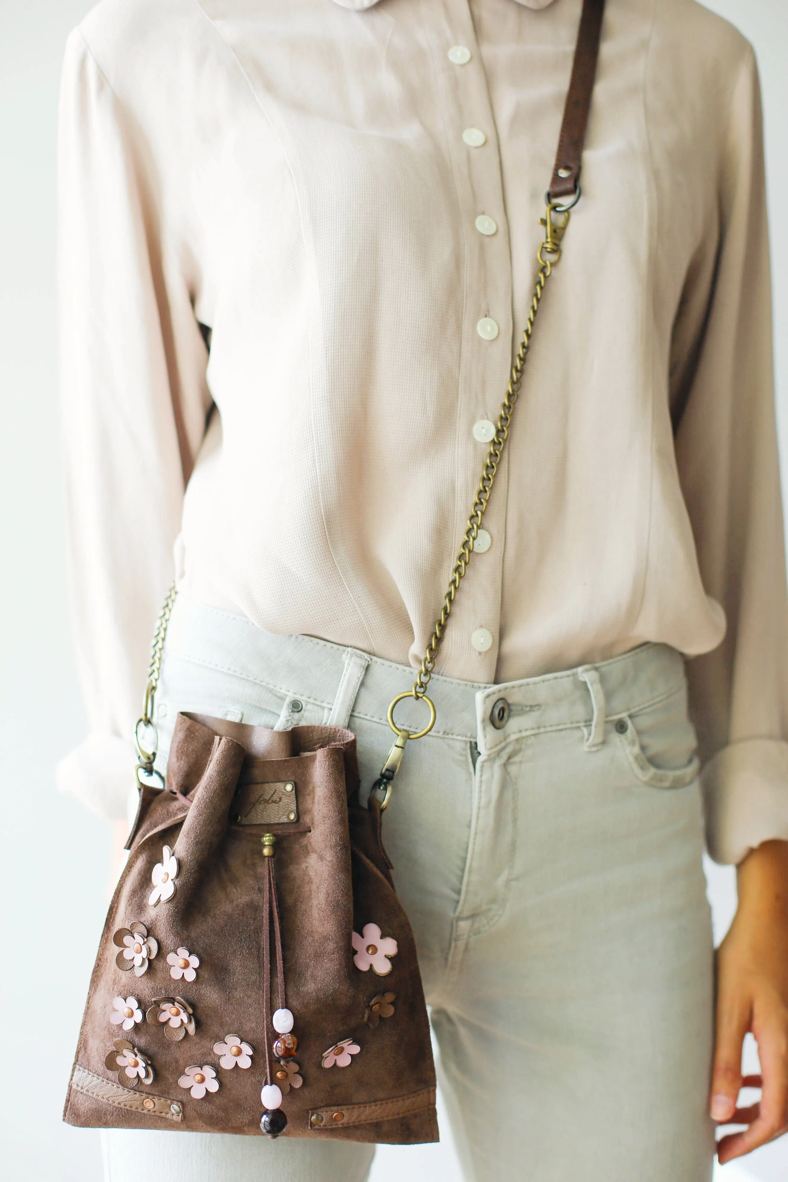 Taupe Floral Suede Pouch Bag