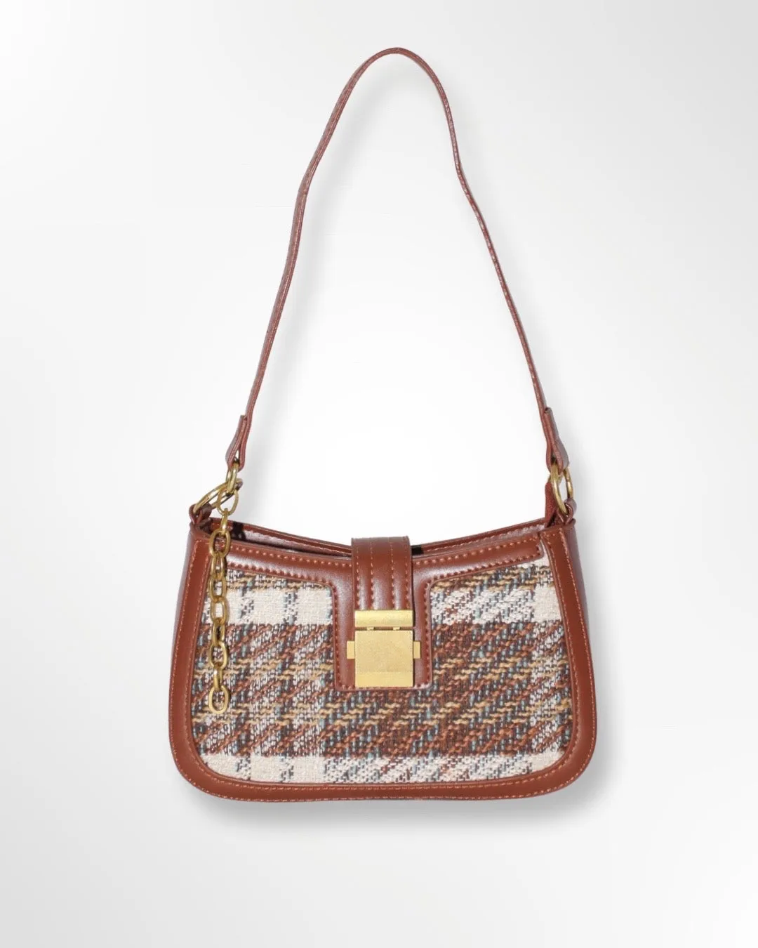 Vegan Leather Brown Plaid Hand Bag