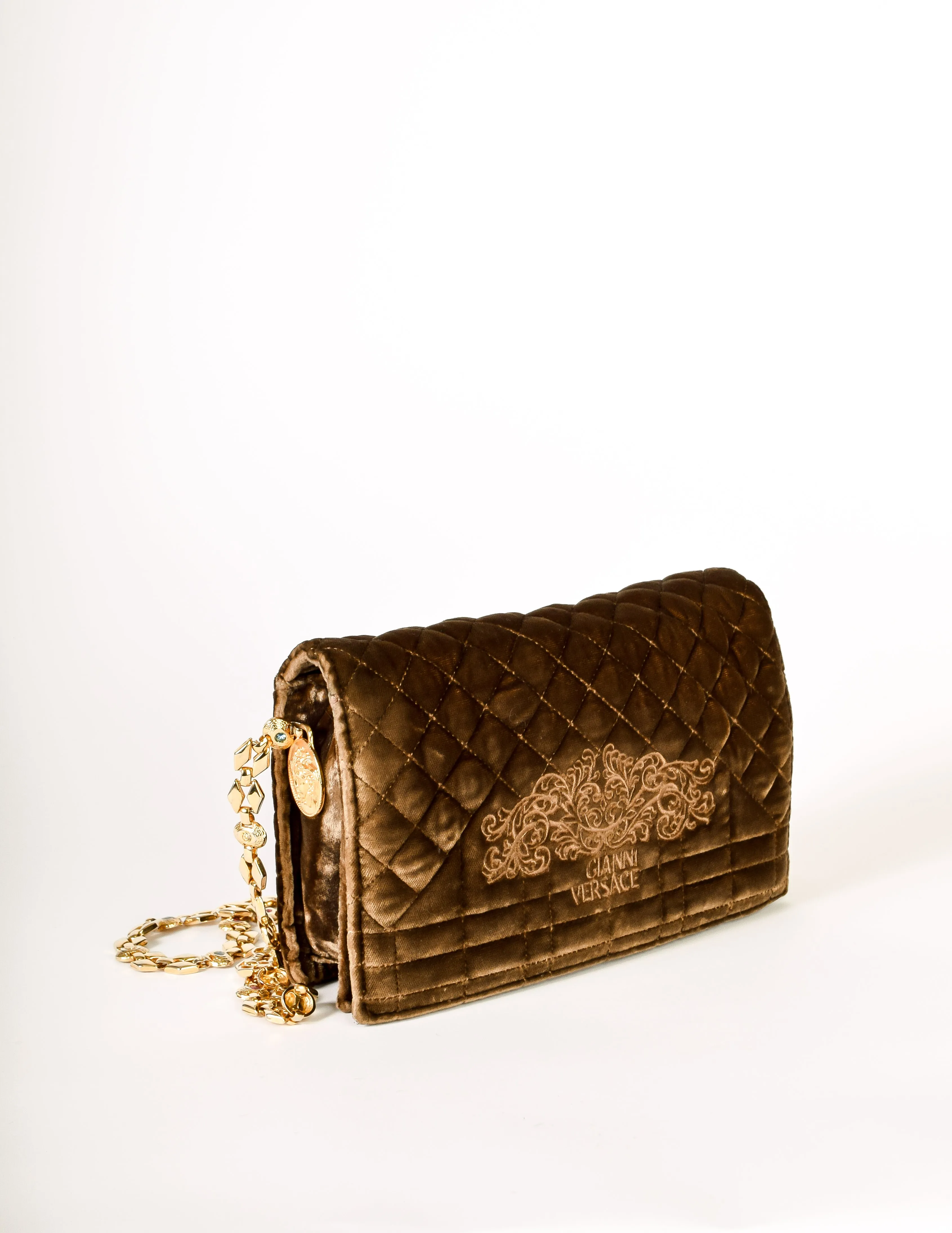 Versace Vintage Brown Quilted Velvet Rhinestone Strap Shoulder Bag