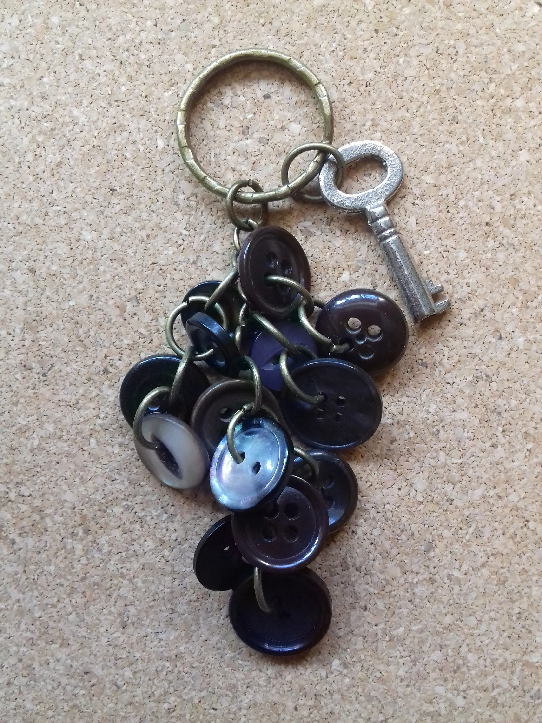 Vintage Key Black Brown Buttons Key Ring