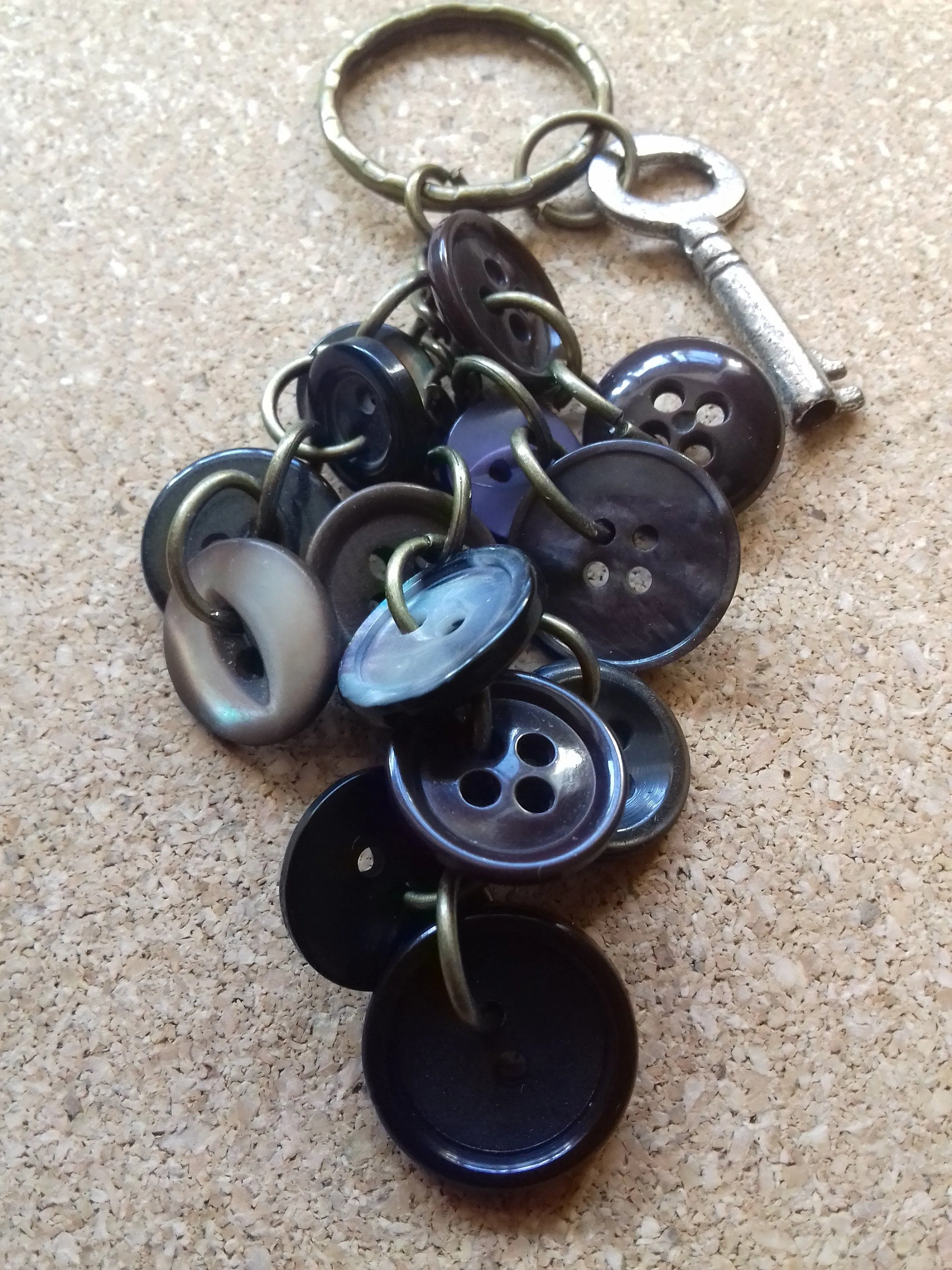 Vintage Key Black Brown Buttons Key Ring