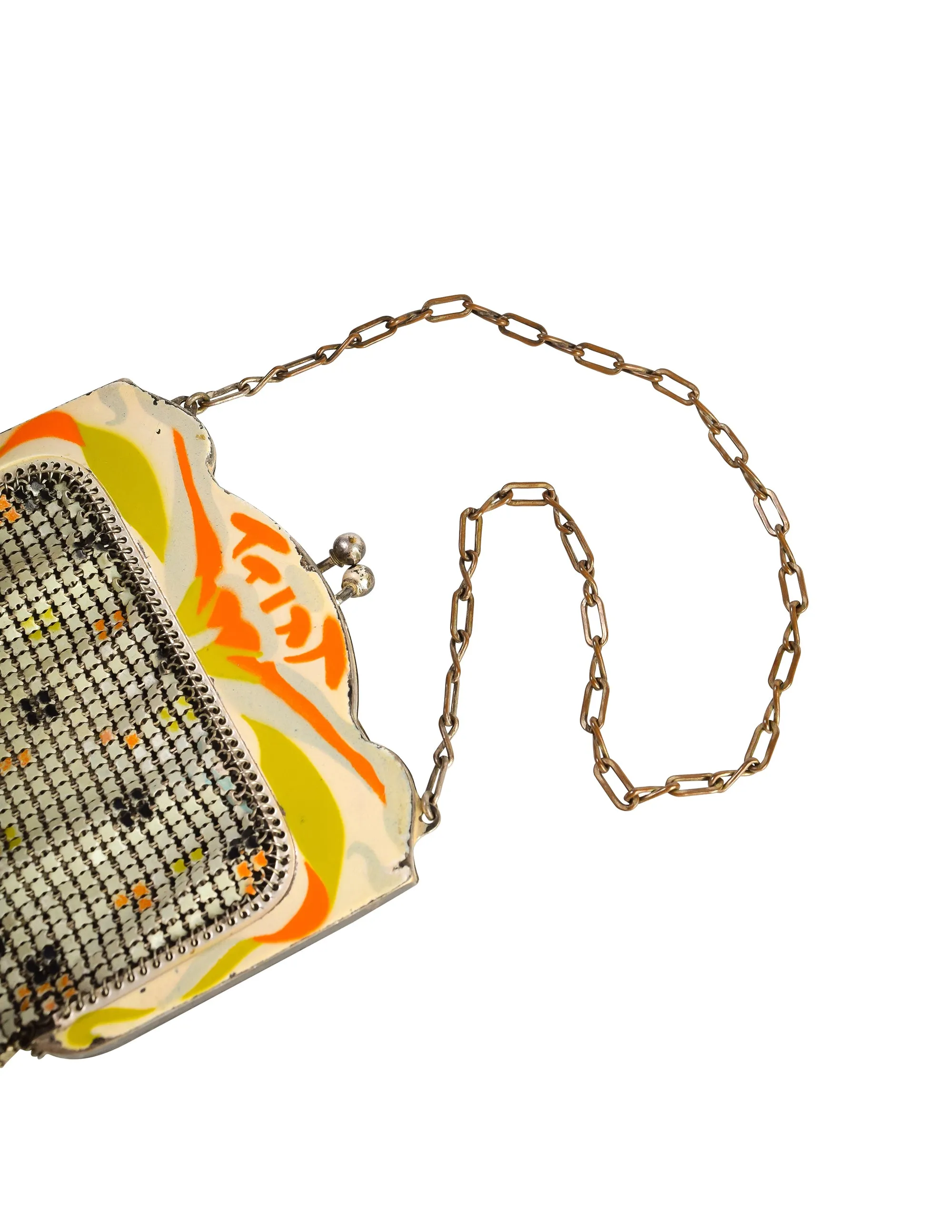 Whiting and Davis Vintage Orange Yellow Black Deco Painted Enamel Metal Mesh Mini Handbag