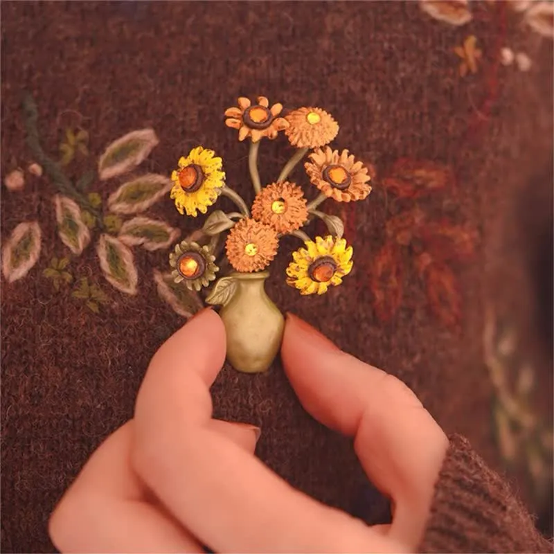 Women's Enamel Sunflower Vase Brooch