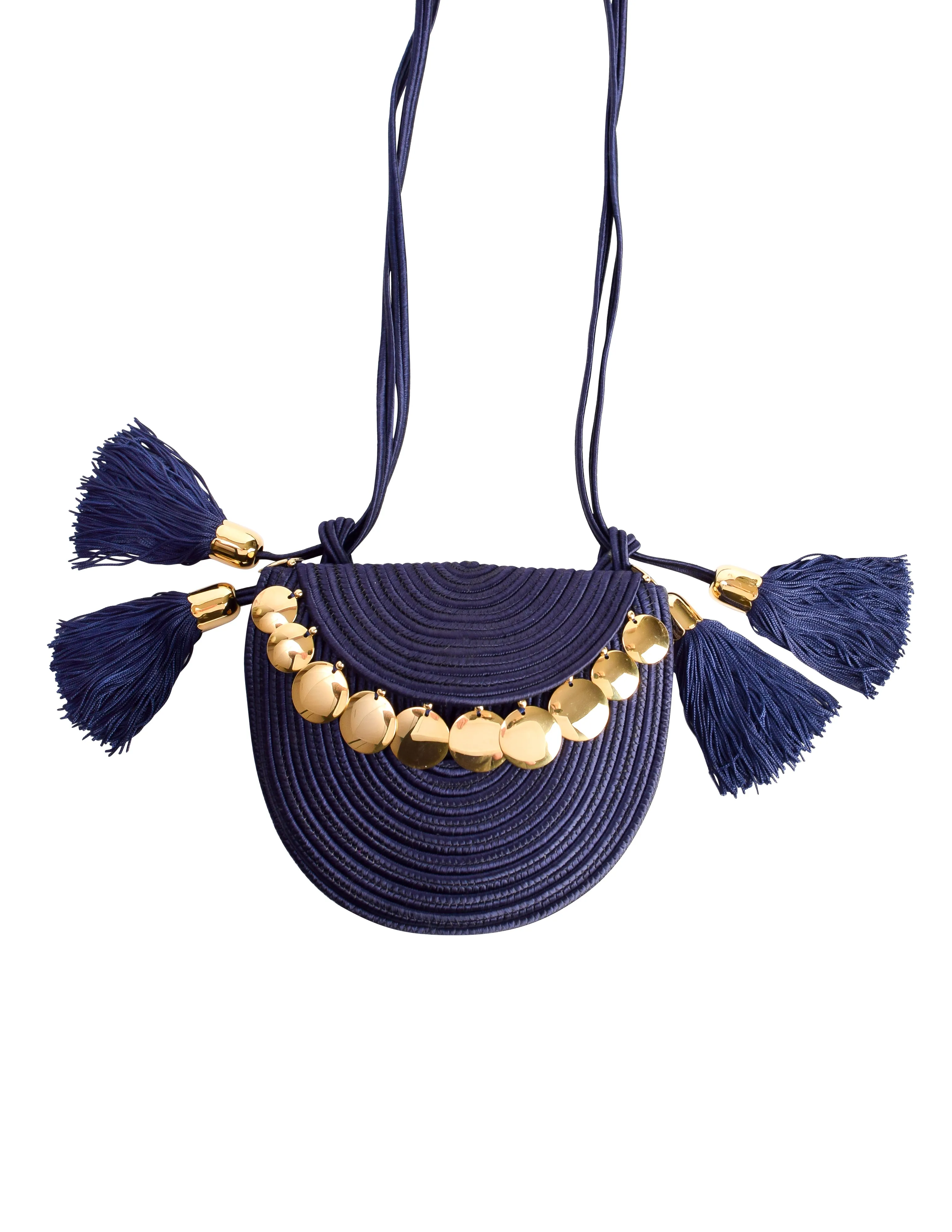 Yves Saint Laurent Vintage Navy Passementerie Tassel Golden Disc Crossbody Bag